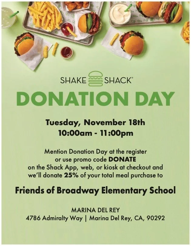 NOVEMBER DINE OUT: Shake Shack Marina Del Rey Tuesday November 18th ALL DAY 🍔🥤

Shake Shack few helpful tips:
Dine-in at the Shack &ndash; Just show your flyer at the register or input the promo code DONATE into the digital kiosk at checkout! 

Ord