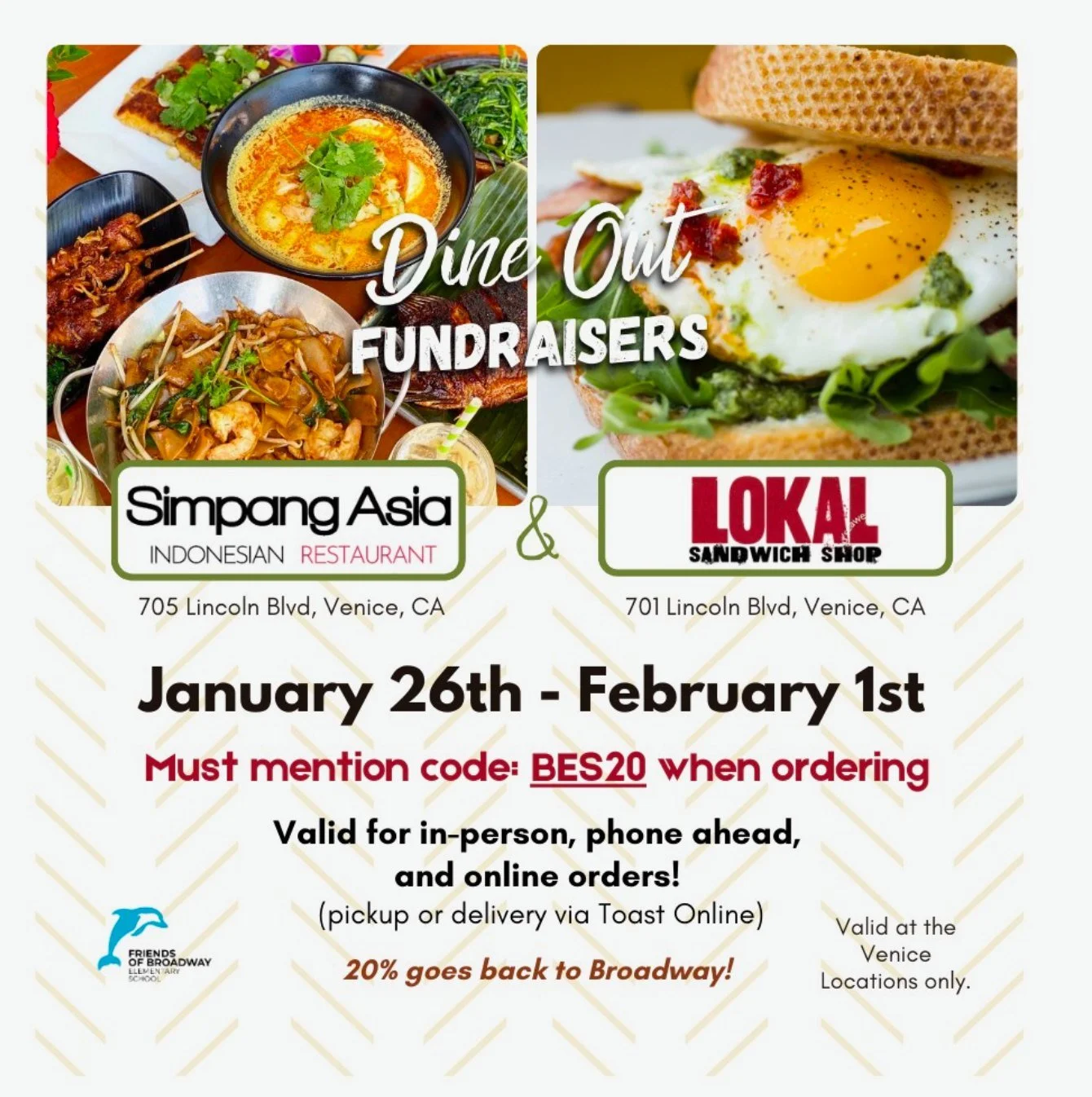 📣 Dine Out + Give Back!
Join us starting 1/26 (Monday) at Lokal &amp; Simpang in Venice.
✨ 20% back to Broadway ✨
Support local restaurants that support our school! See you there!