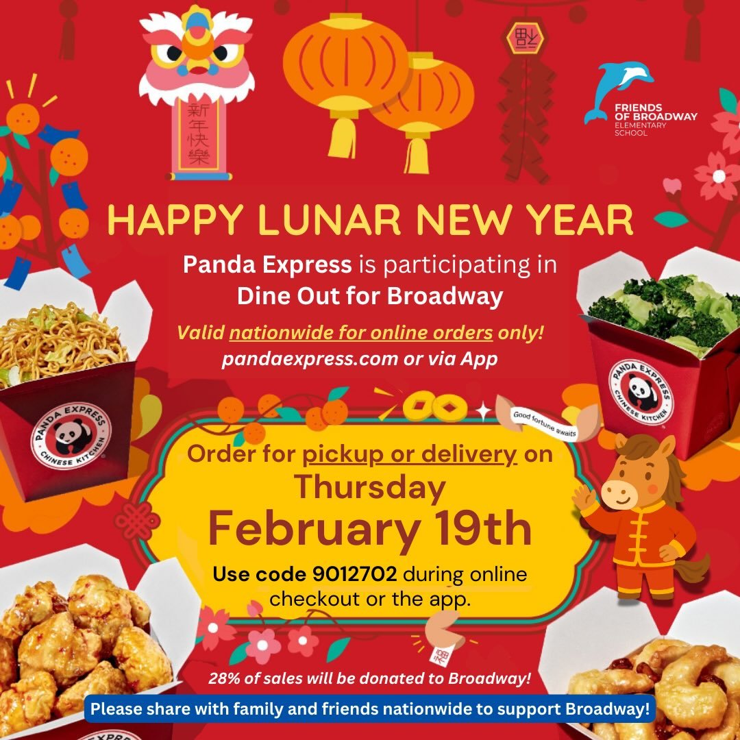 🐼🥡 Panda Express Dine Out &ndash; February 19!
Eat Panda all day and support our school!
📅 Wednesday, Feb 19
🛒 Online orders ONLY order here:&nbsp;https://www.pandaexpress.com/
📍 Nationwide: share with friends &amp; family everywhere!