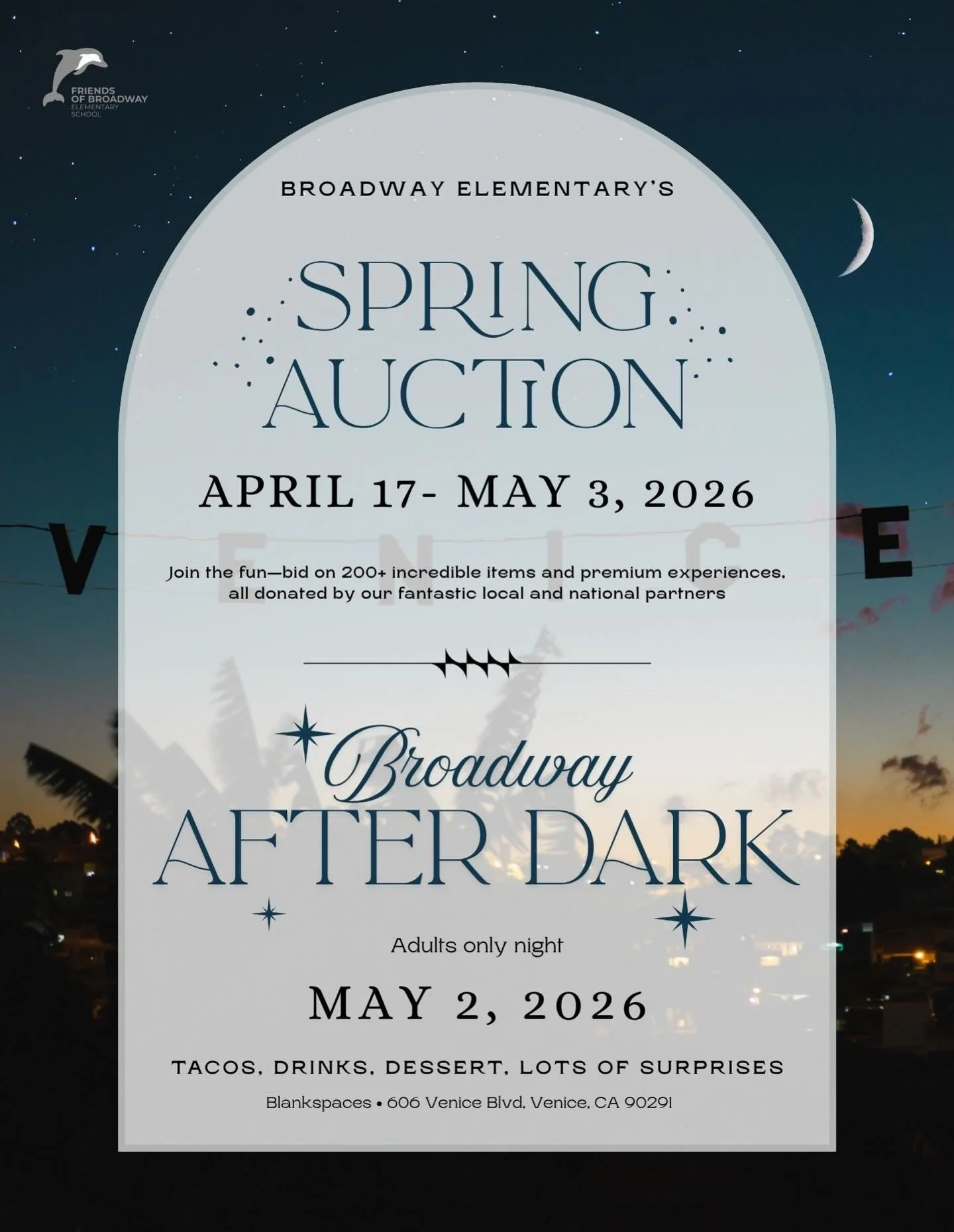 ✨ Broadway Elementary Spring Auction is almost here! ✨

Get ready for Broadway After Dark&mdash;a magical adults-only night filled with tacos, drinks, dessert, and so many fun surprises 🌙

🗓 Auction: April 17 &ndash; May 3
🎉 Gala Night: May 2

Bid