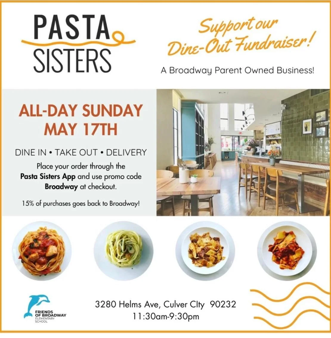 Sunday plans = handled 🍝✨

Join us at one of the best pasta spots on the westside, Pasta Sisters, for an all-day dine-out fundraiser supporting Broadway Elementary!

Dine in, take out, or order delivery on Sunday, May 17th and use code BROADWAY in t