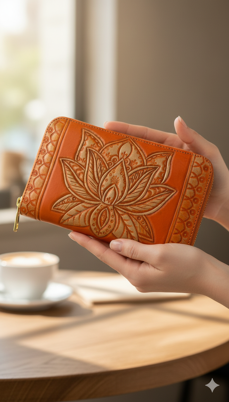 Handcrafted orange leather zip-around wallet with embossed lotus flower pattern, elegant women’s accessory