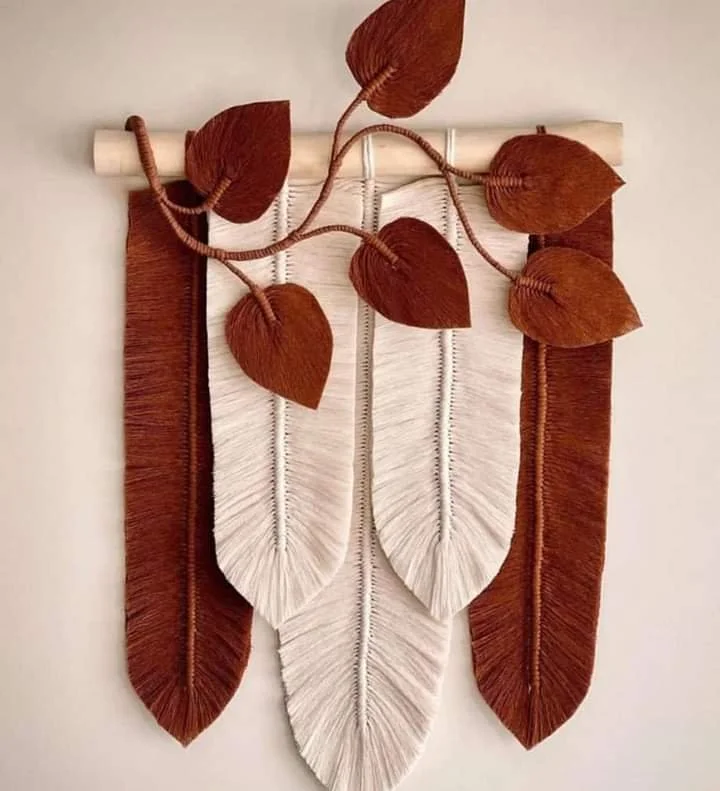 Brown Bohemian Leaf Feather Macrame Wall Hanging