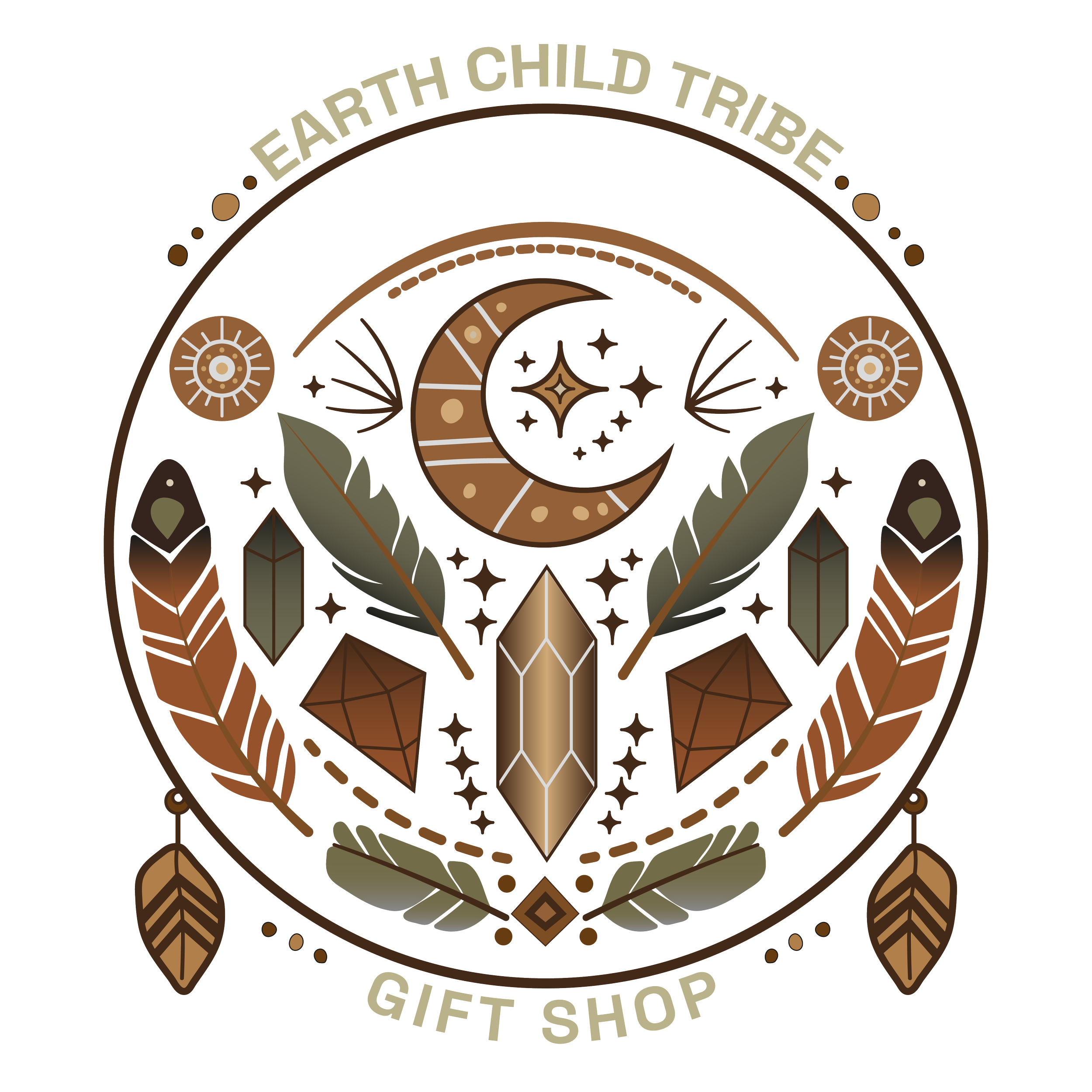 A circular logo for Earth Child Tribe Gift Shop featuring a moon, stars, feathers, crystals, and geometric designs in earth tones.