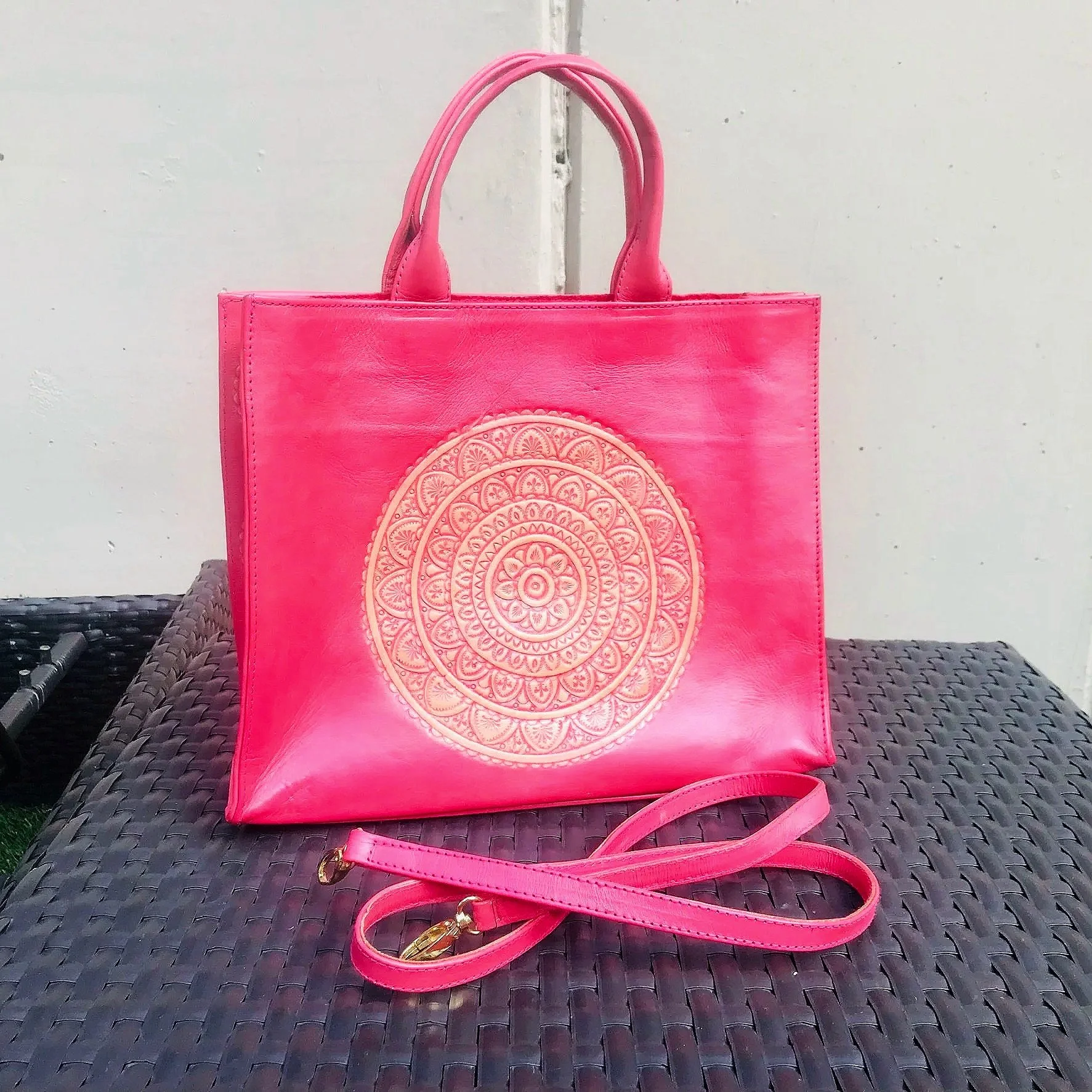 Mandala Leather Tote Carved Bag
