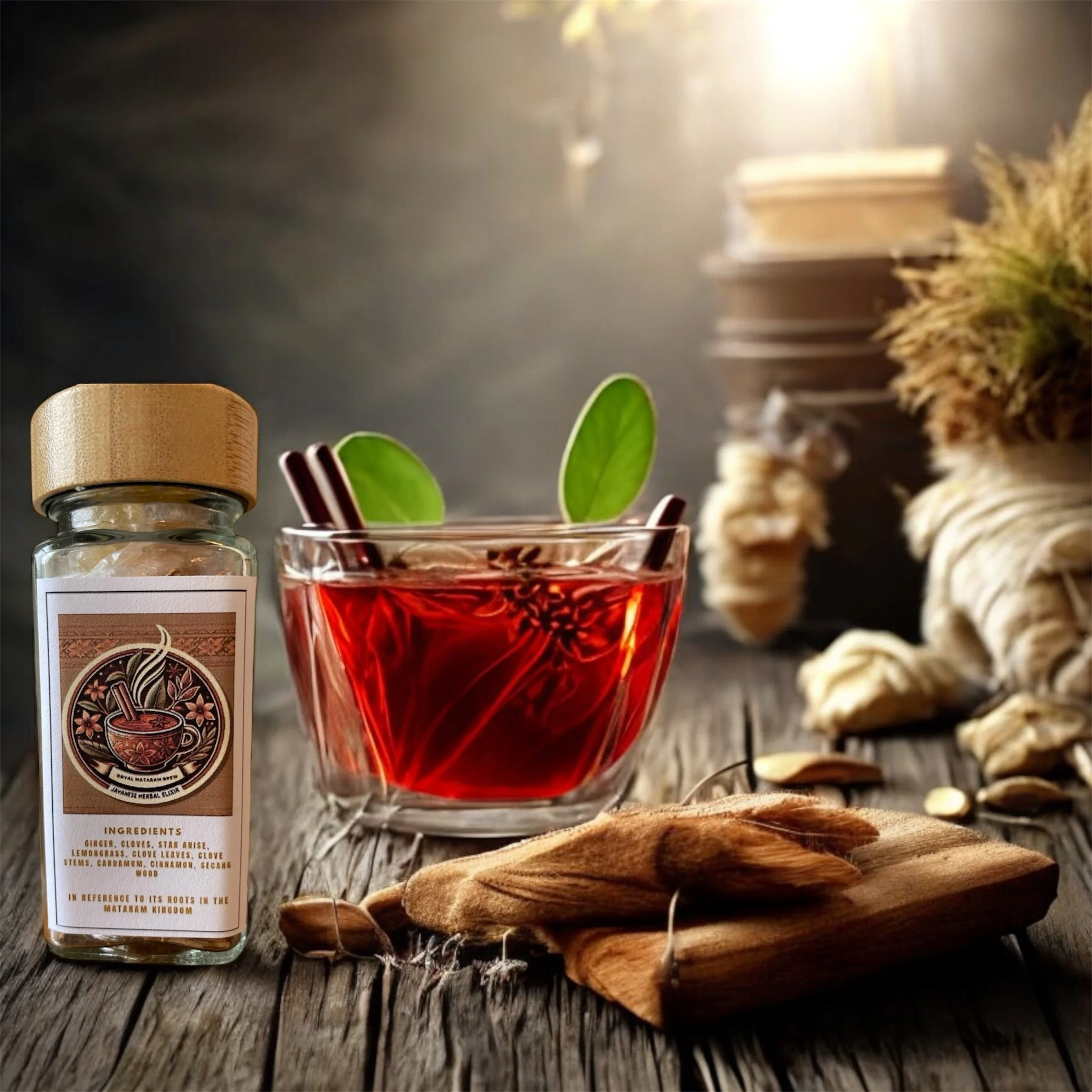 A glass of red herbal tea garnished with two green leaves and two cinnamon sticks, placed on a rustic wooden surface with a bottle labeled herbal ingredients to the left. In the background, there are herbs, herbs tied in bundles, and a stack of books.
