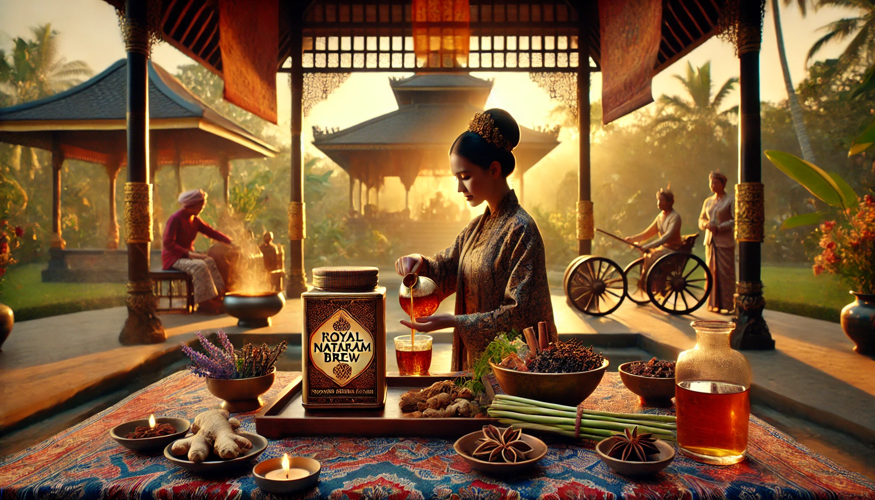 A woman dressed in traditional attire preparing herbal medicine outdoors with a backdrop of a temple and people in traditional clothing, at sunset.