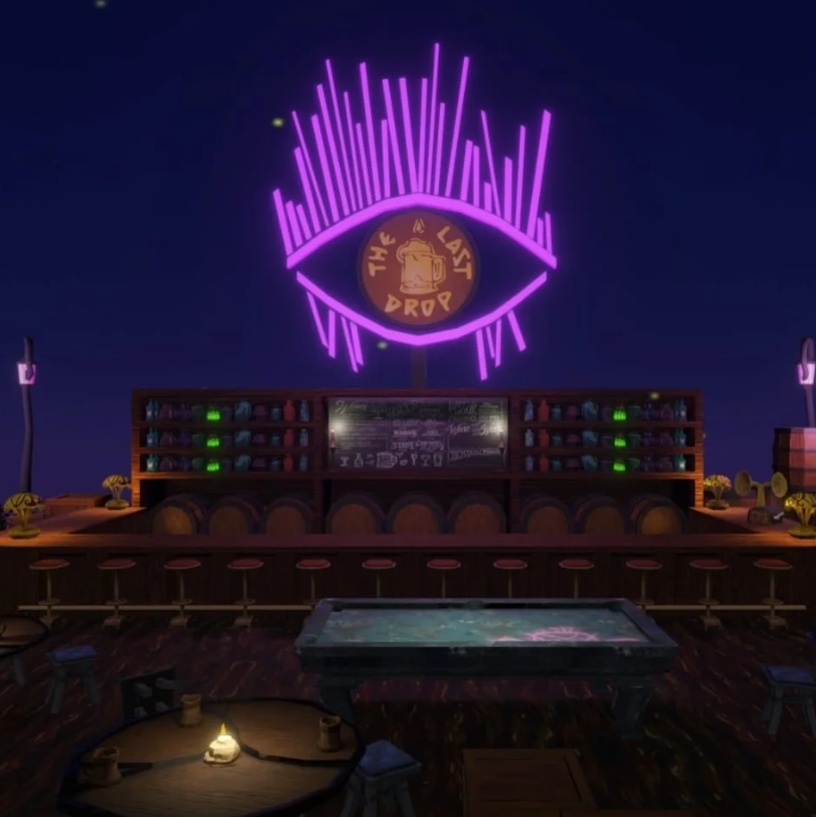 Nighttime view of a bar with neon sign featuring an eye and the words "The Last Drop" and cocktail glasses, shelves stocked with bottles and glasses, and a pool table in the foreground.