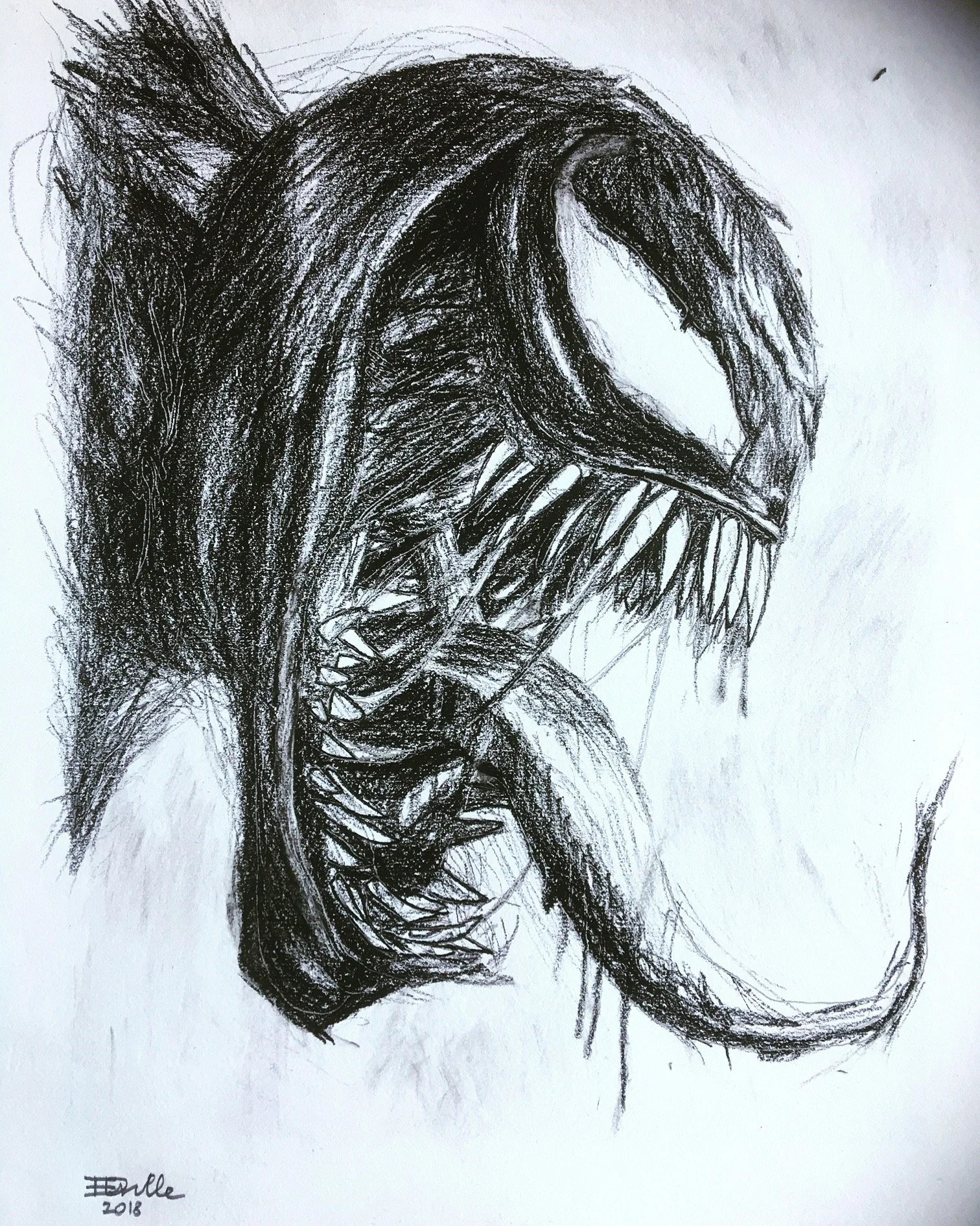 A sketch of a monstrous face with sharp teeth, long hair, and intense eyes, rendered in black and white with rough, expressive strokes.