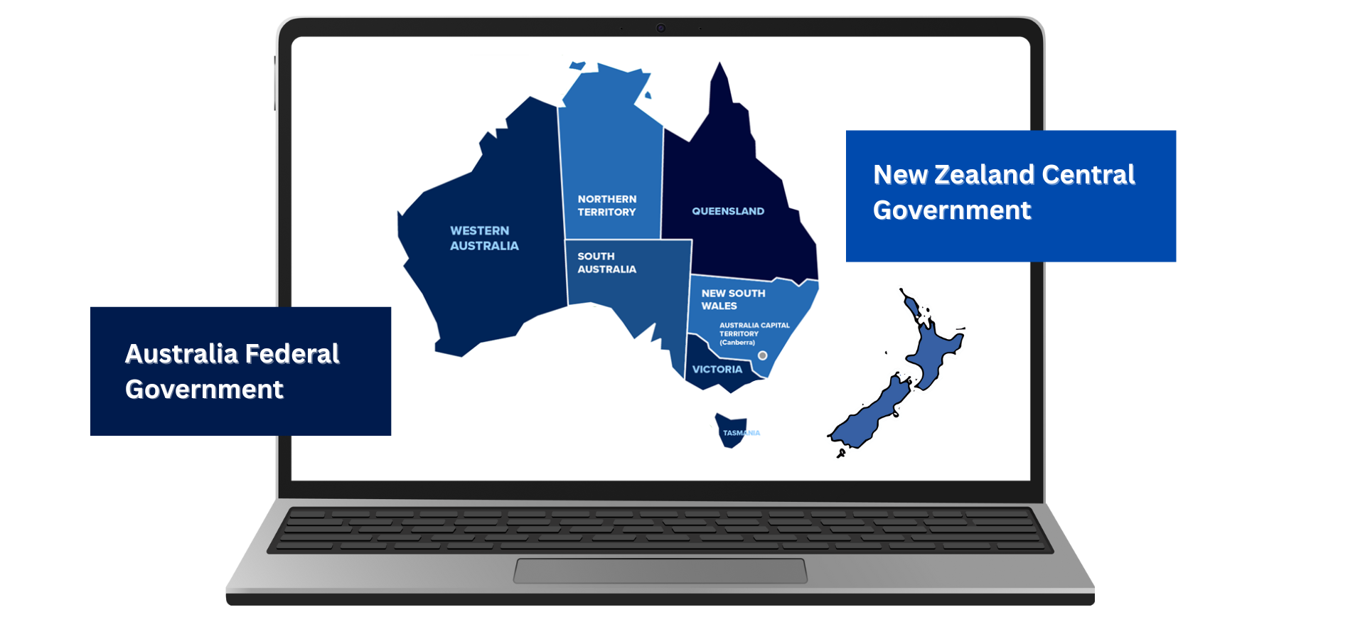 A laptop displaying a map of Australia and New Zealand divided by government regions, with labels indicating the Australia Federal Government and New Zealand Central Government.