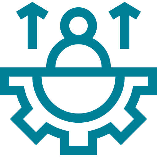 A stylized icon combining a gear, a person, and arrows pointing upward.