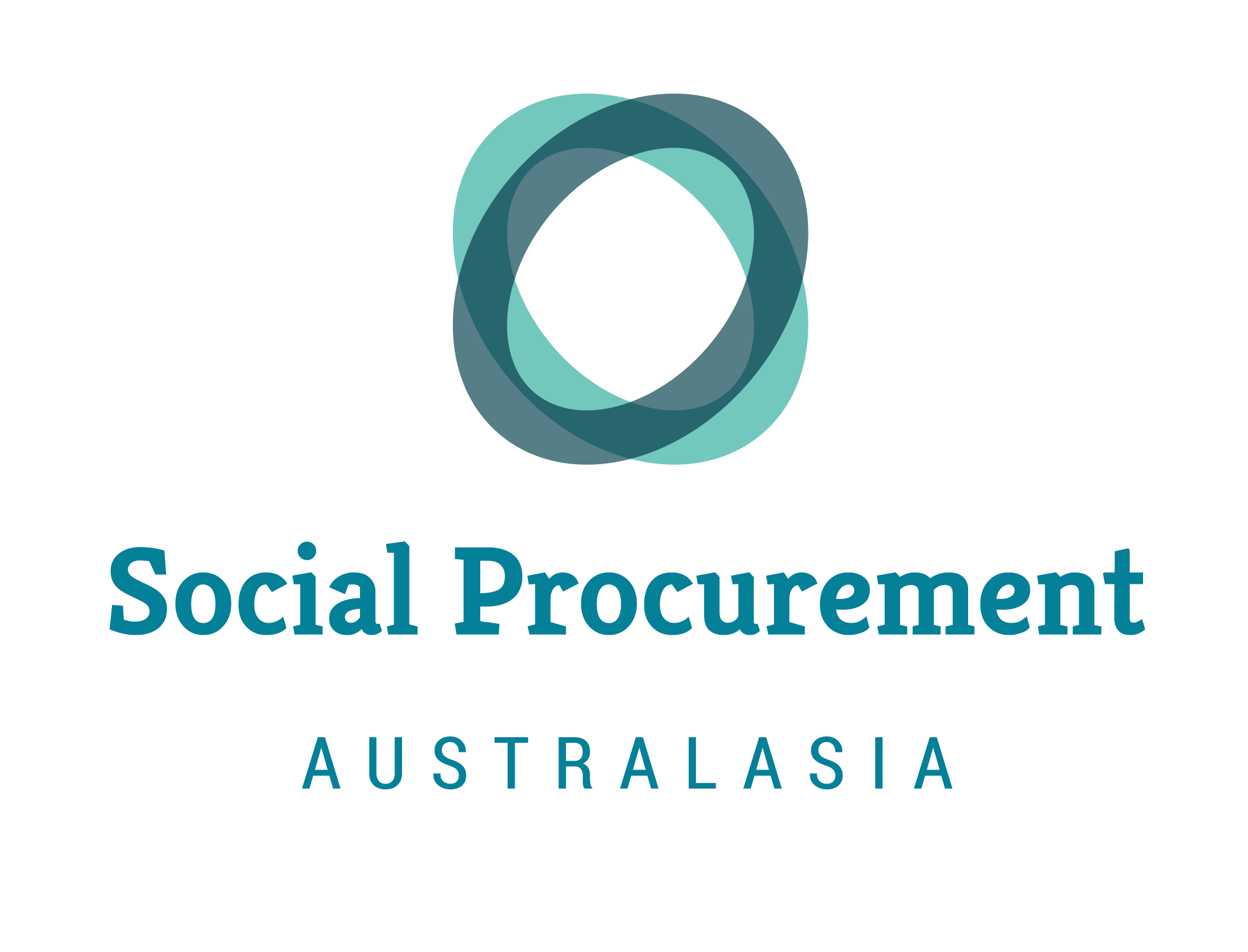 Logo for Social Procurement Australasia, featuring a stylized teal and dark teal interlocking circular design and text.