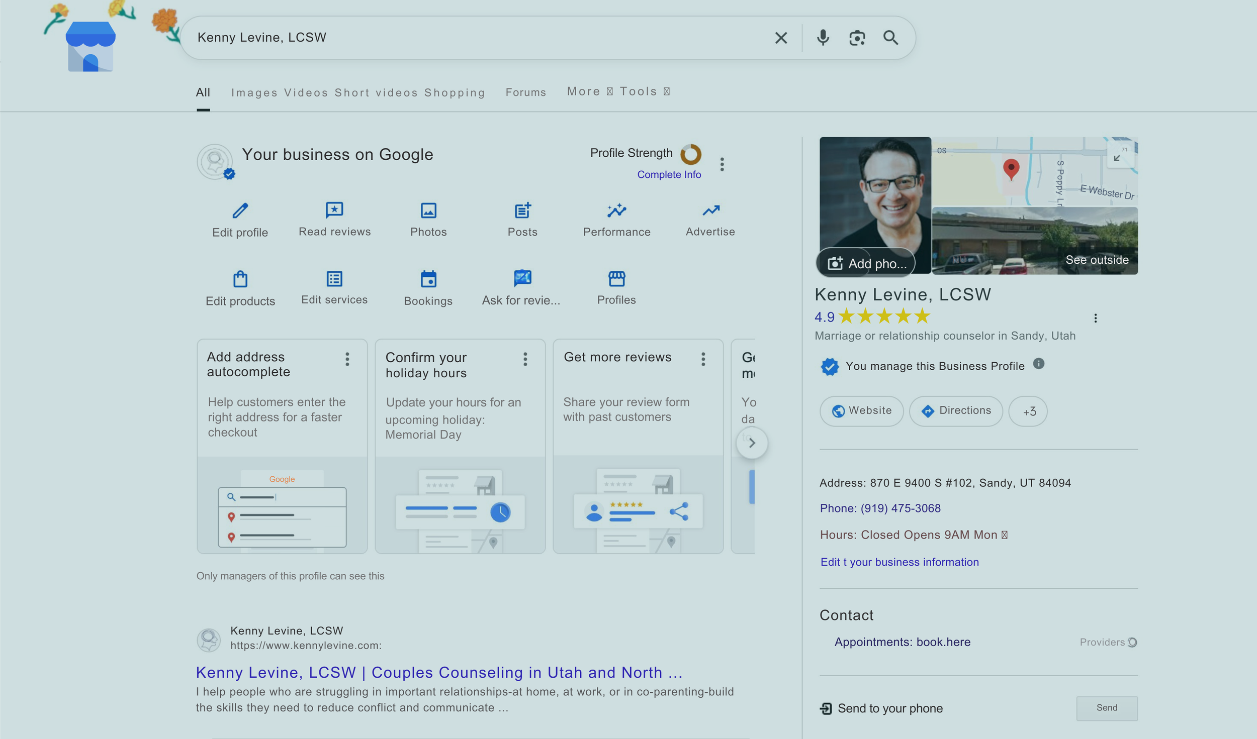 A therapist's Google Business Profile dashboard