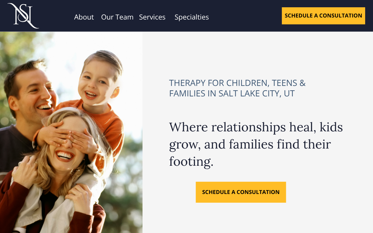 Rendering of therapist website with a family in the hero section