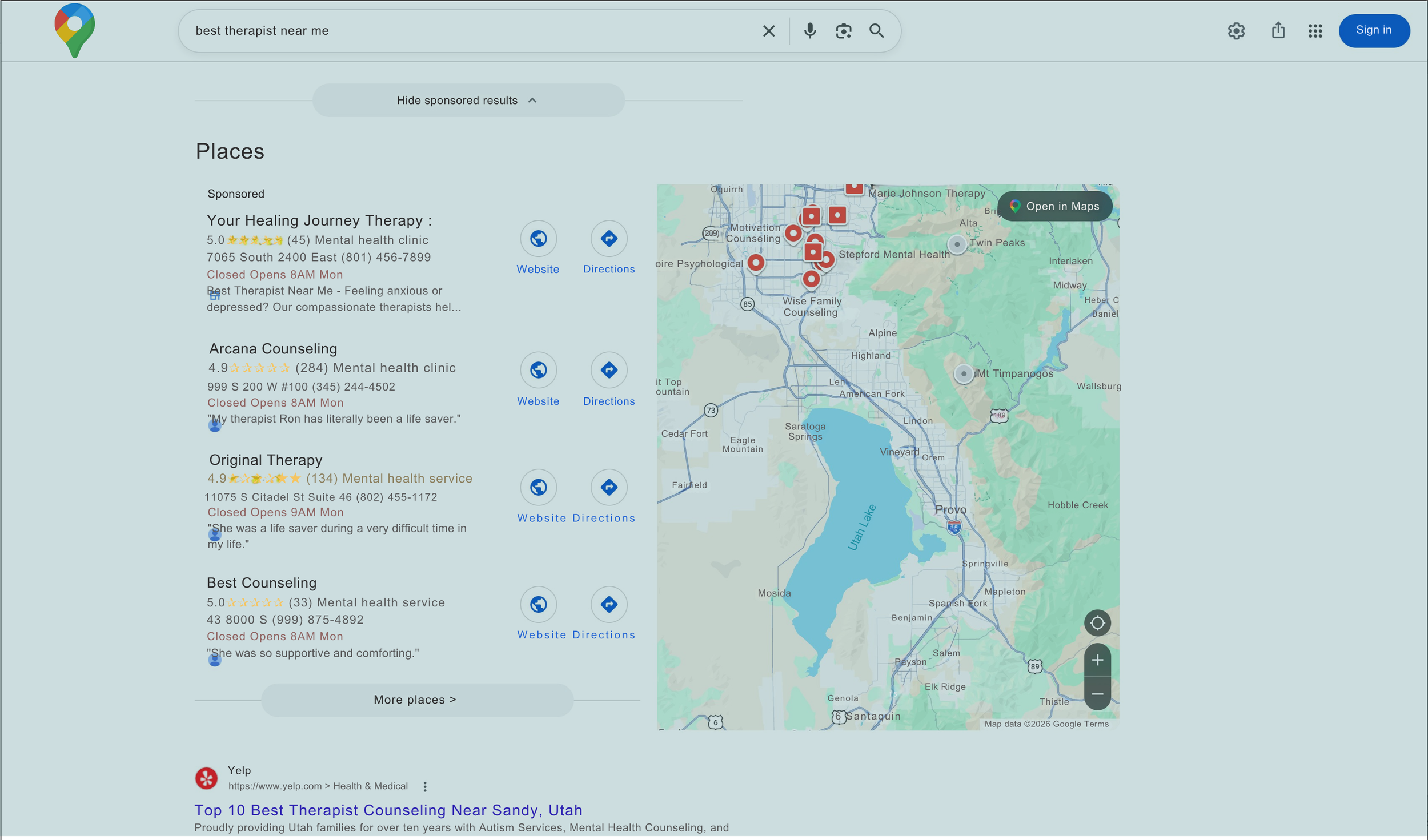 A local "near me" search results page