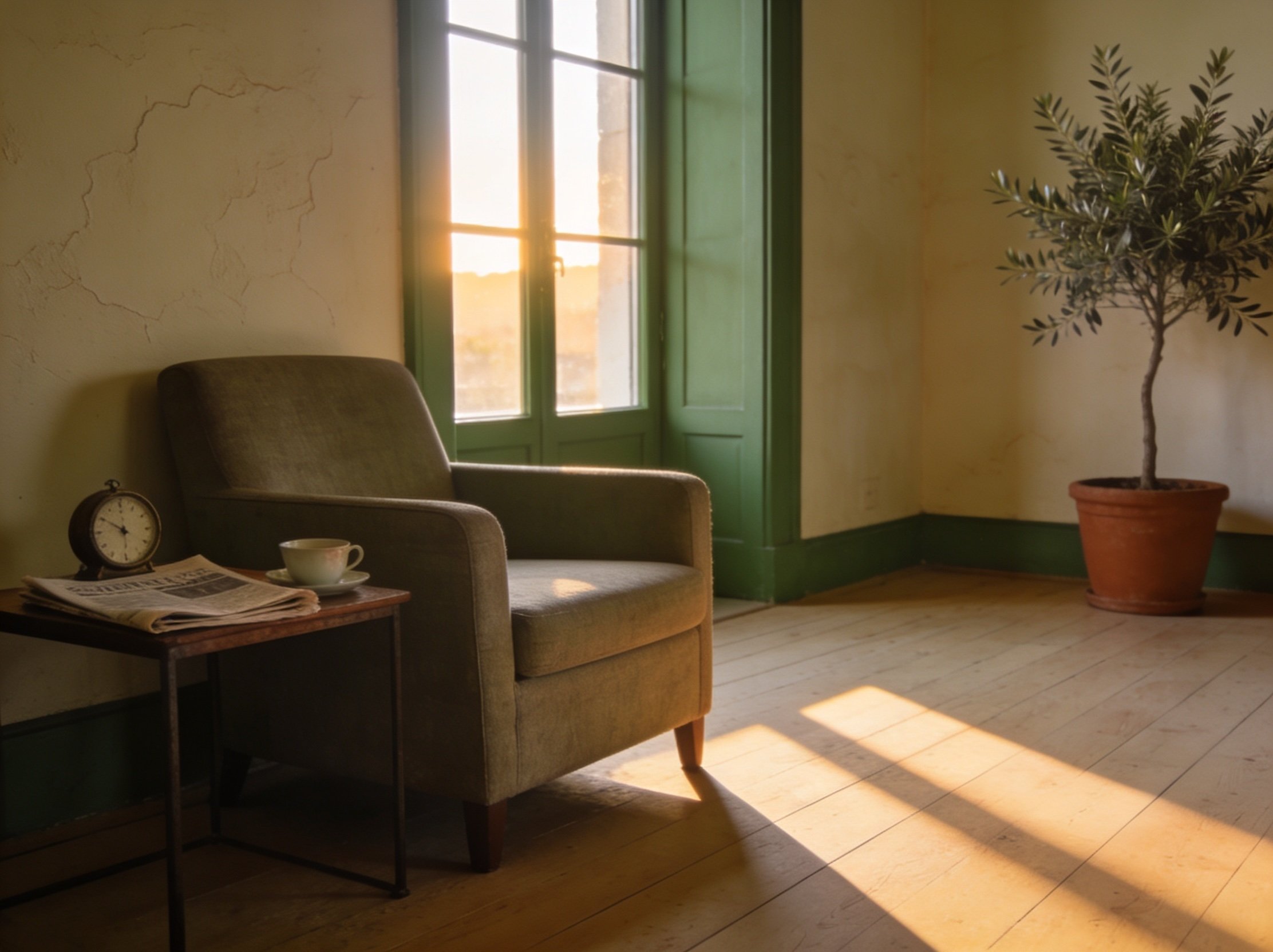 A peaceful private practice office with a linen armchair beside a tall sunlit window.