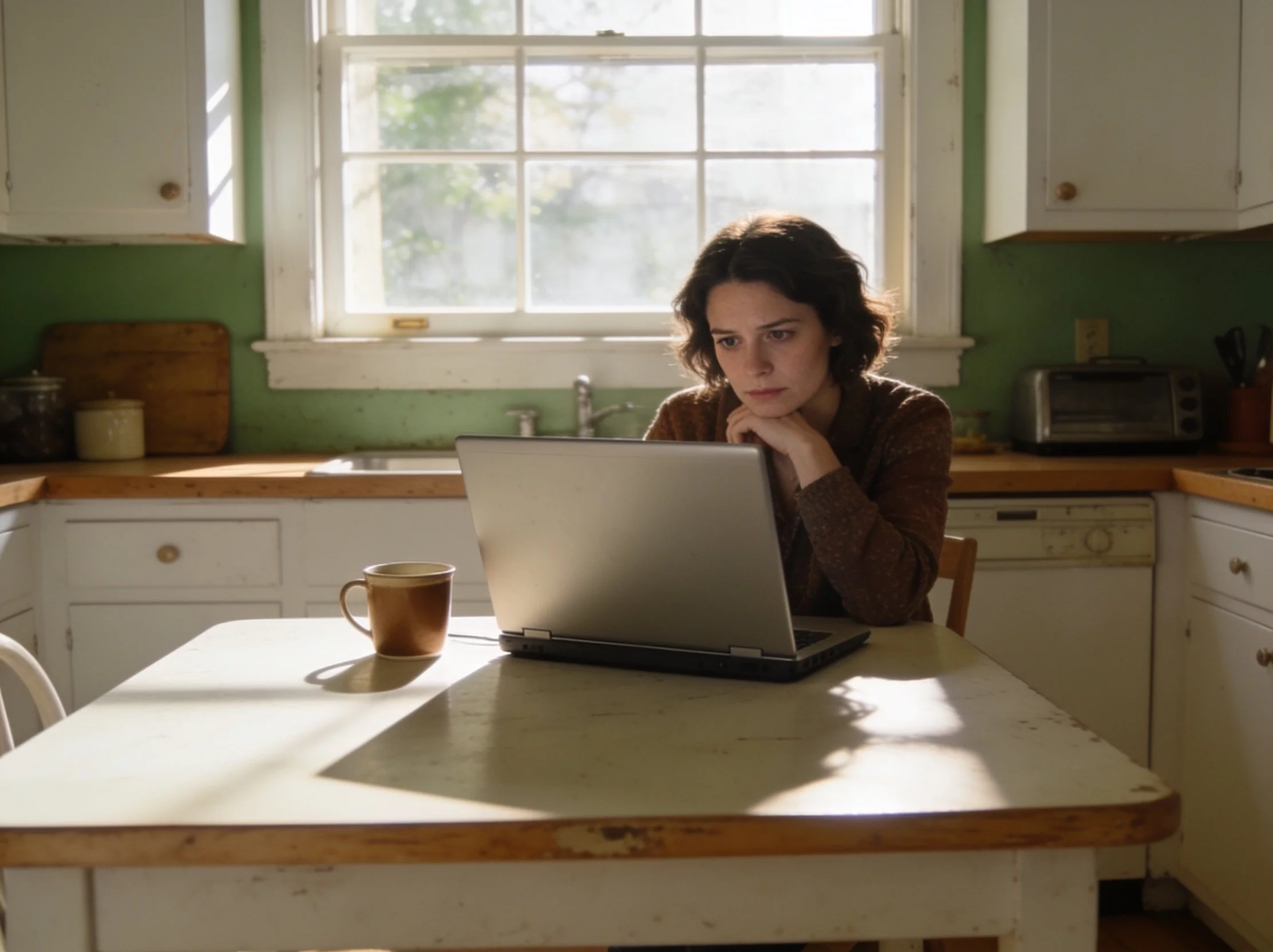 A woman sitting at a kitchen table with an open laptop, looking at the screen with a thoughtful expression in soft natural daylight.