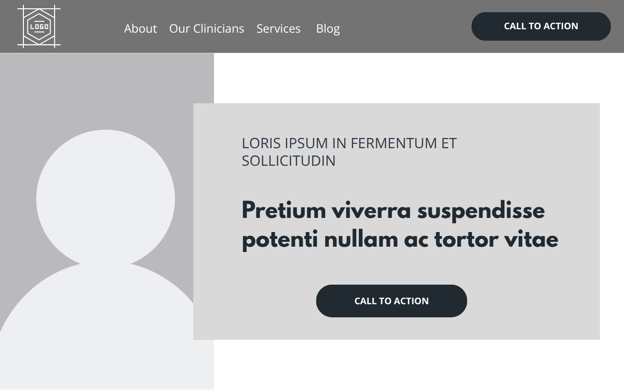 Example of a website hero section. All colors are shades of gray and text is Loris ipsum placeholder text