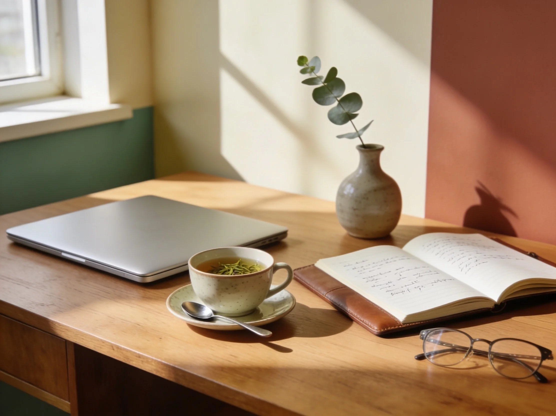 A calm, sunlit desk in a therapist's home office with a closed laptop, an open notebook, and a cup of herbal tea.