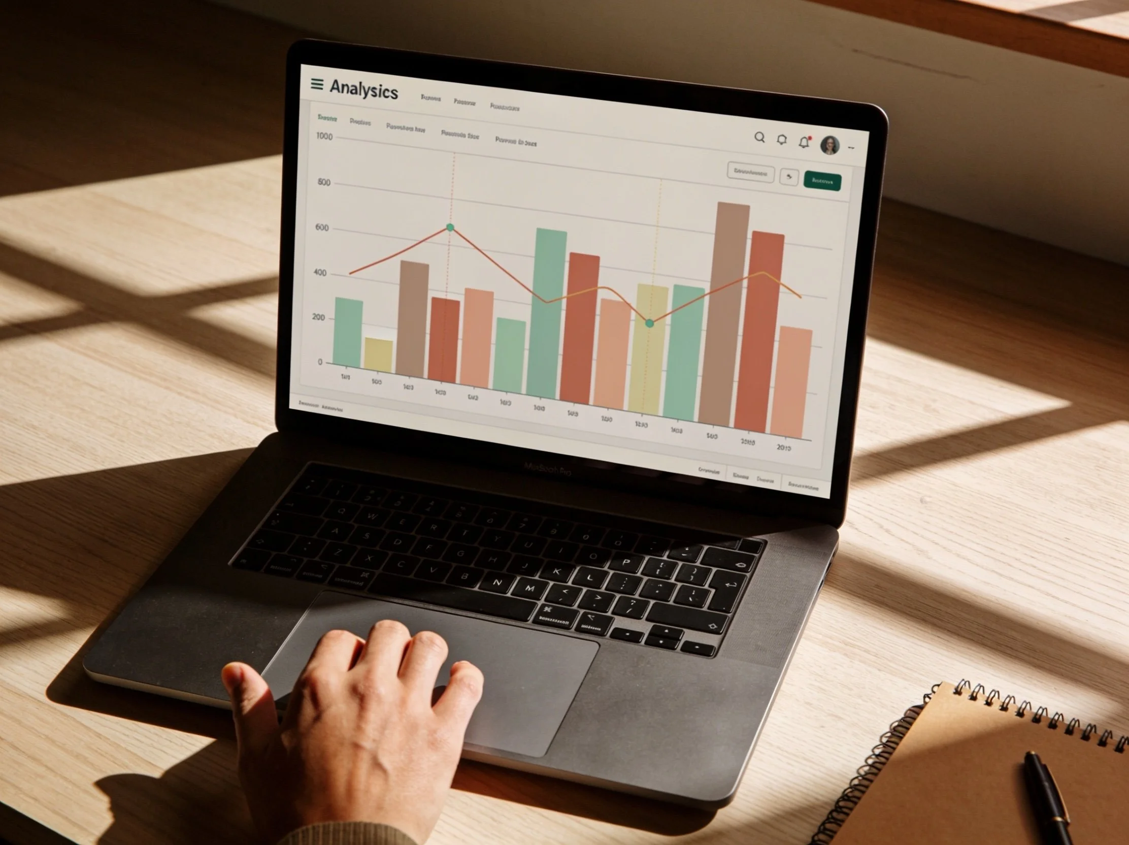 A laptop screen displaying a simple analytics dashboard with bar charts and line graphs, with a notebook and pen on a wood desk in warm afternoon light.