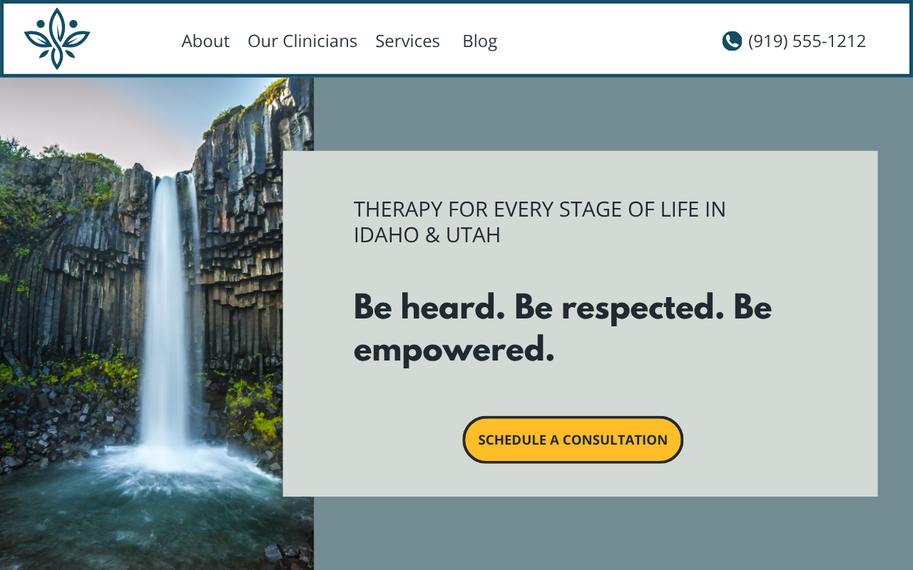 Rendering of therapist website with a waterfall in the hero section