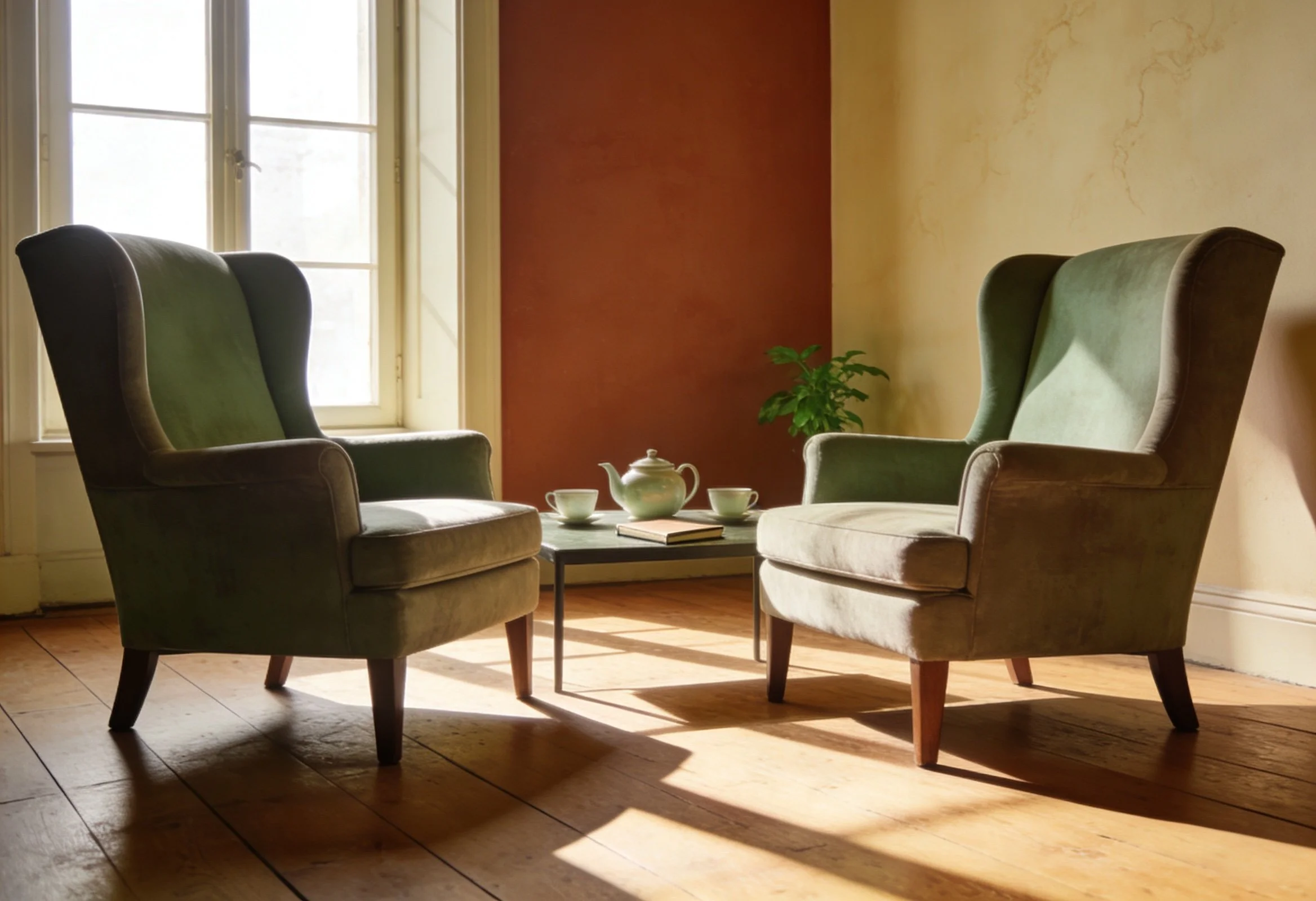 Two linen armchairs facing each other in a warm sunlit room, with a teapot and notebook between them.