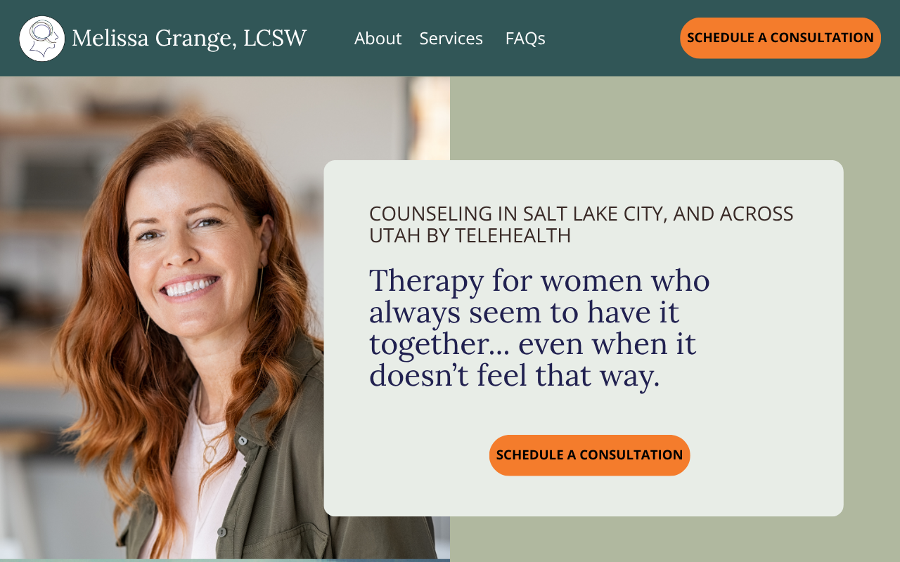 Therapist website with a red haired woman smiling in the hero section