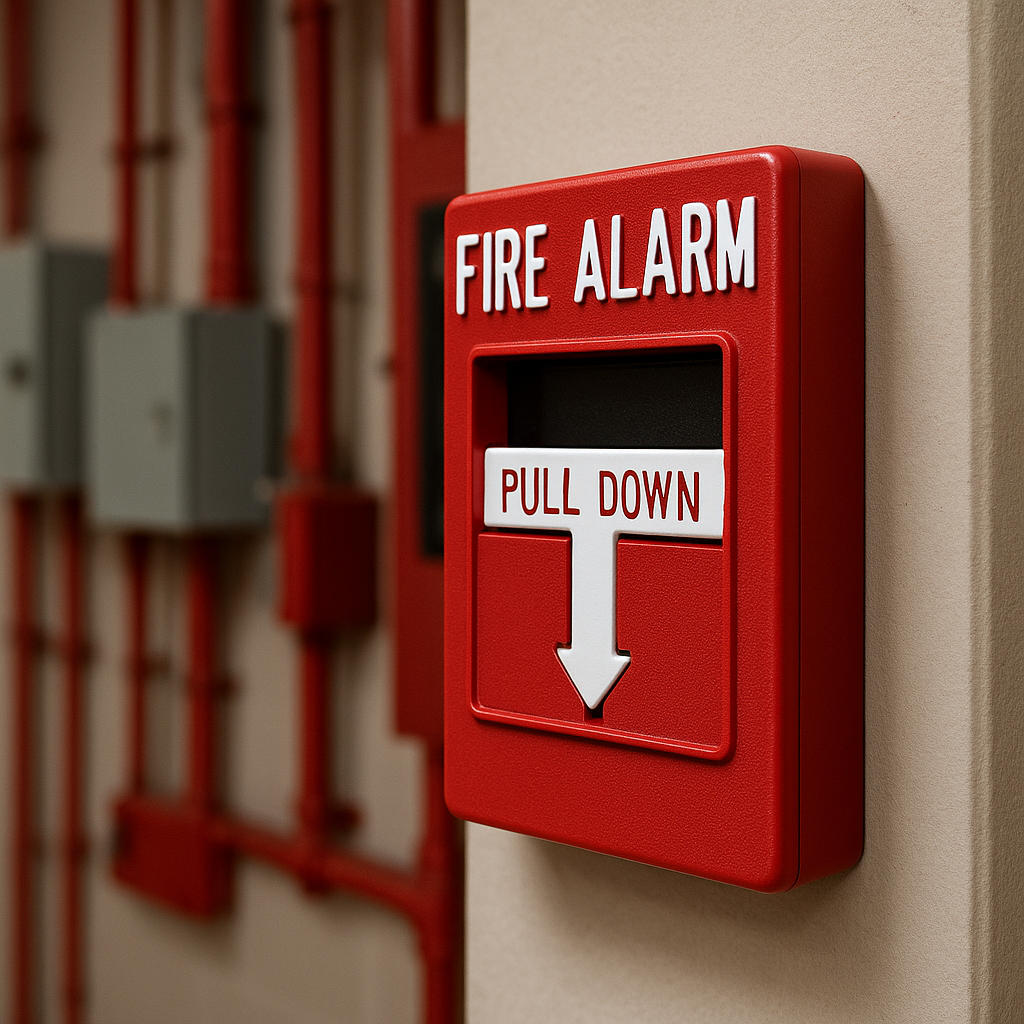 A red fire alarm with a white pull-down handle mounted on a beige wall inside a building.