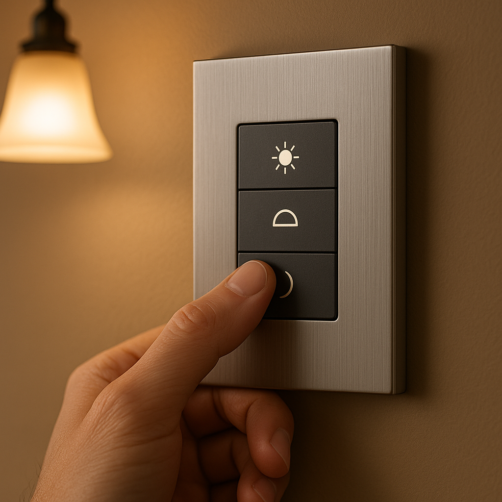 A person's hand pressing a wall switch with three buttons, including a light icon, a shade icon, and a dimming icon, in a room with a warm-colored wall and a hanging lamp.