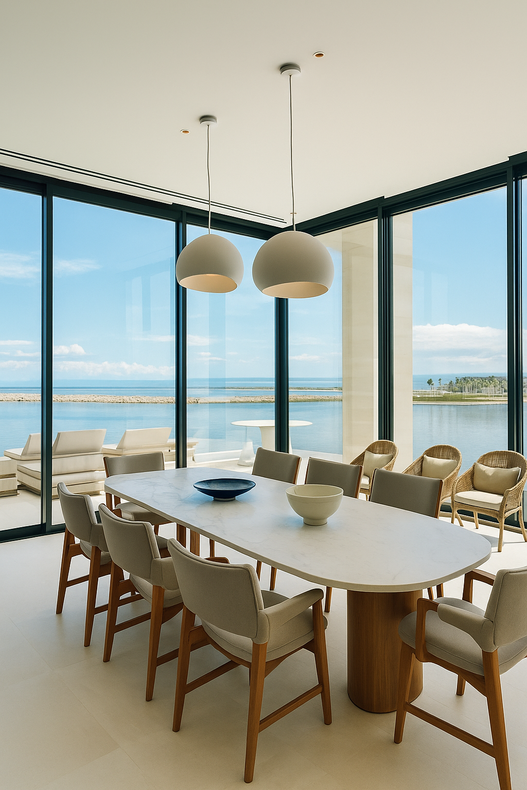 Modern dining room with large windows overlooking a water view. Features a white oval table, beige chairs, a bowl and a plate on the table, hanging pendant lights, and outdoor seating.