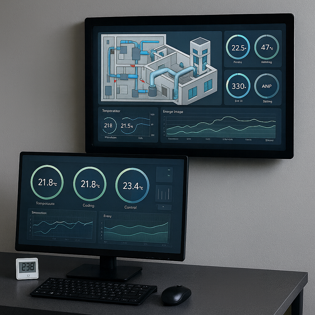 Two computer monitors displaying climate control and energy management dashboards in a control room, along with a digital thermometer showing 23.6 degrees Celsius.
