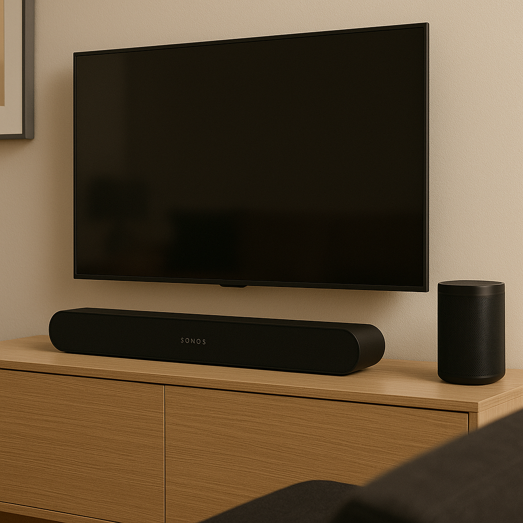 A flat-screen television mounted on a light-colored wall above a wooden cabinet, with a soundbar labeled 'Sonos' and a black cylindrical speaker on the cabinet.
