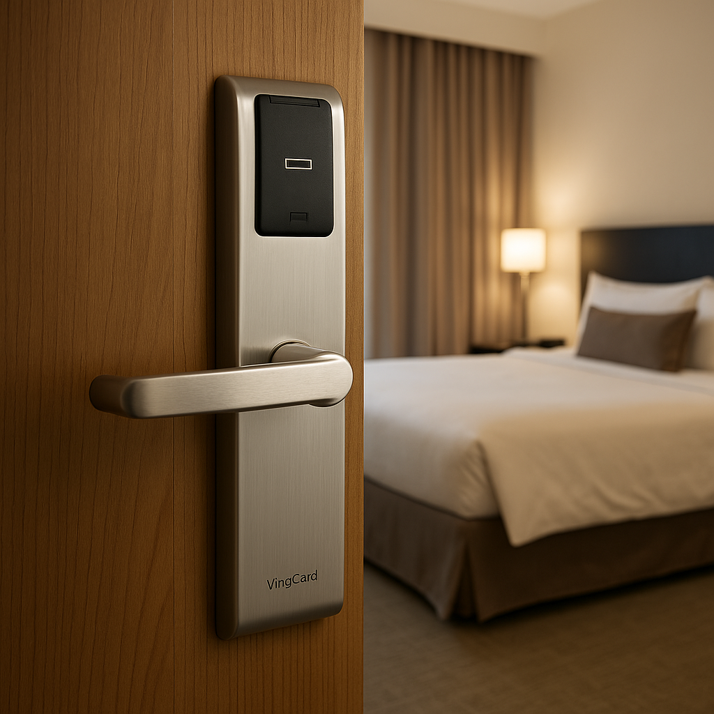 Close-up of a hotel room door lock with a keycard reader, inside a bedroom with a bed, pillows, and a lit lamp.