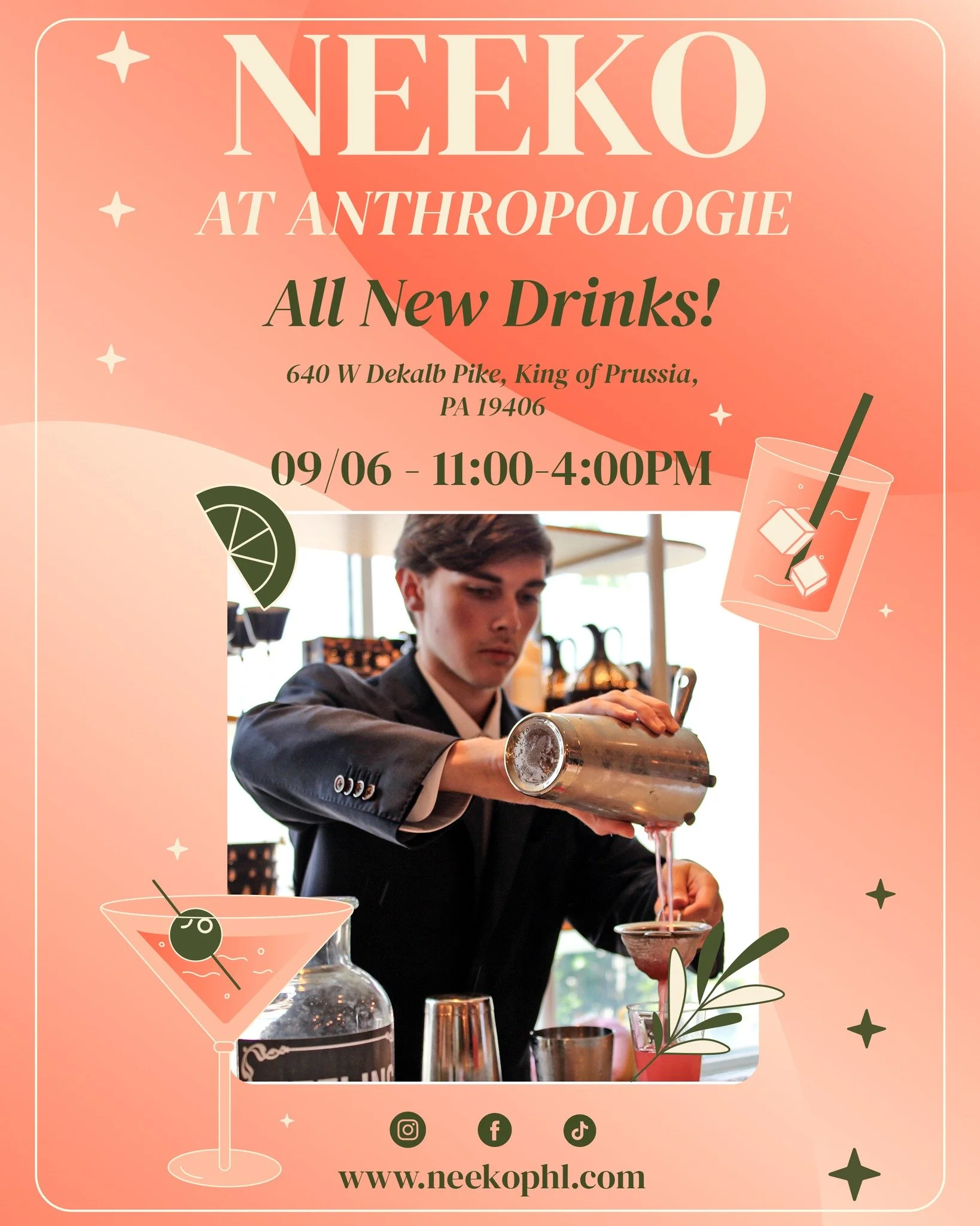 Join us this Saturday at King of Prussia for round two of Neeko X Anthropologie! New seasonal flavors, and a fresh lineup of new drinks you won&rsquo;t want to miss. 🍹✨

📍 640 W Dekalb Pike, King of Prussia, PA
🕚 11:00 AM &ndash; 4:00 PM

Come sip