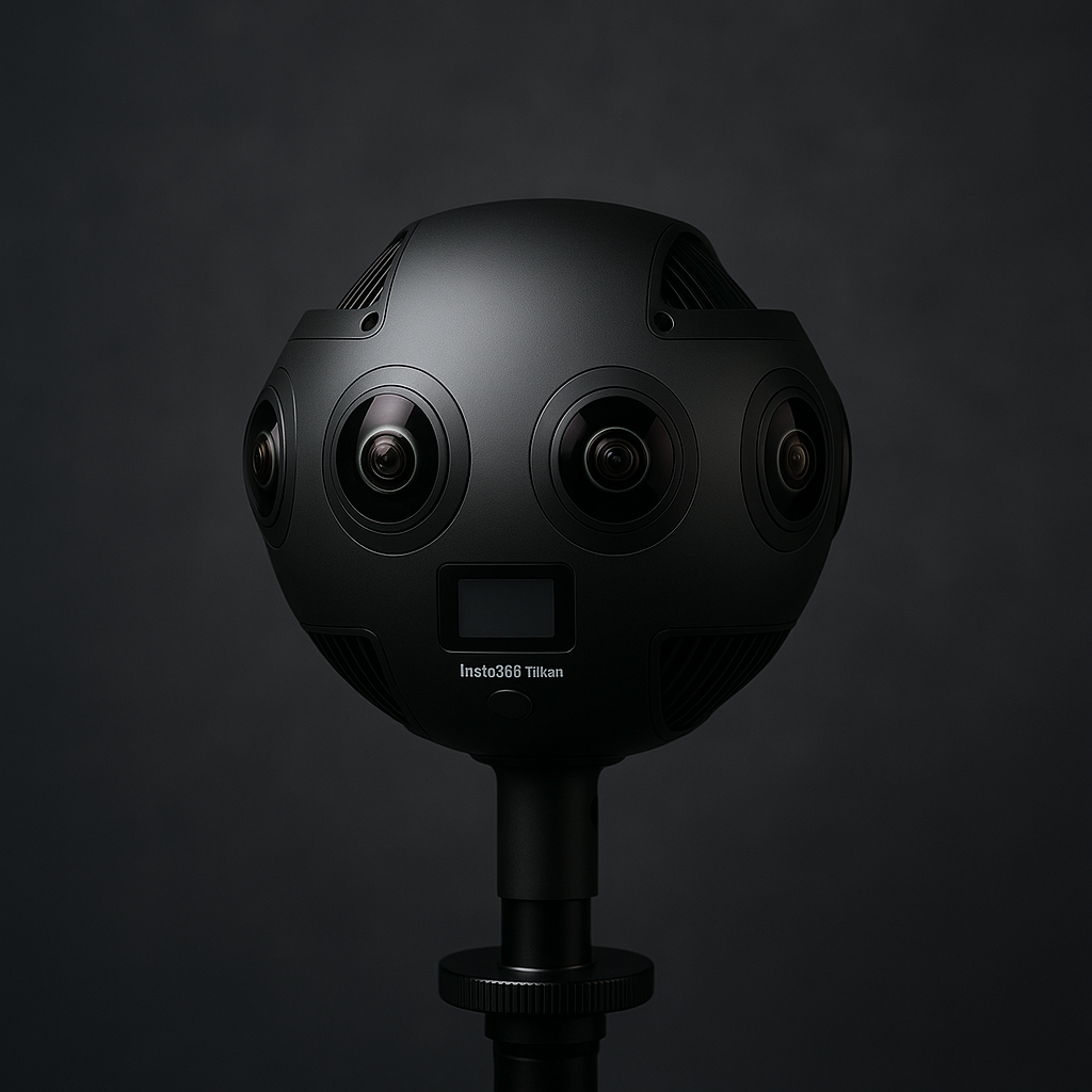 A black spherical 3D scanner with multiple lenses and a small display screen, mounted on a stand against a dark background.