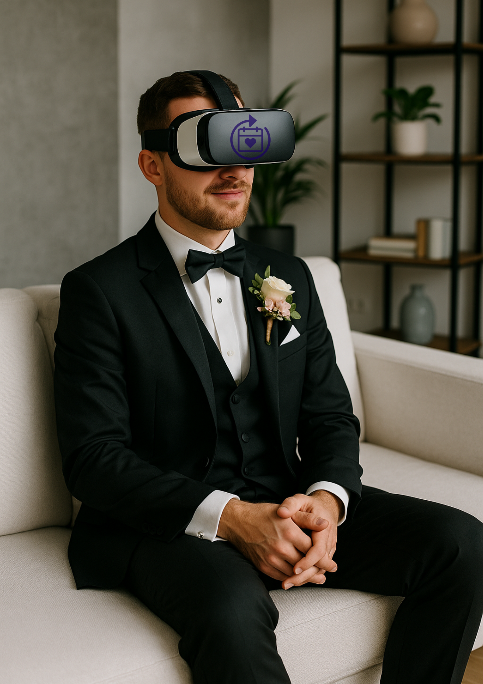 A man in a tuxedo with a boutonniere is sitting on a beige couch wearing a virtual reality headset with a wedding icon on the front.