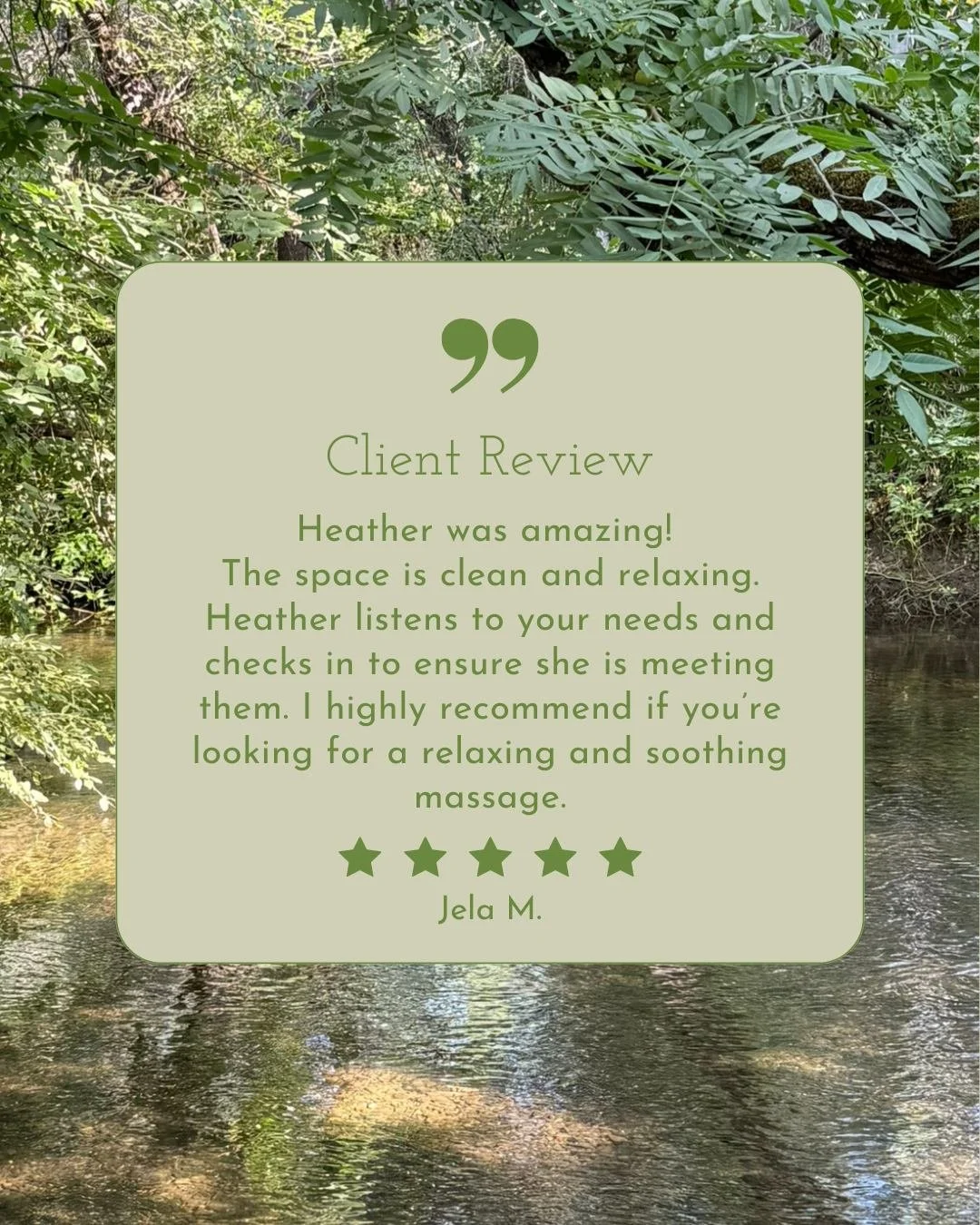 Testimonial Tuesday 🗣️

&quot;Heather was amazing! The space is clean and relaxing. Heather listens to your needs and checks in to ensure she is meeting them. I highly recommend if you&rsquo;re looking for a relaxing and soothing massage.&quot; -Jel