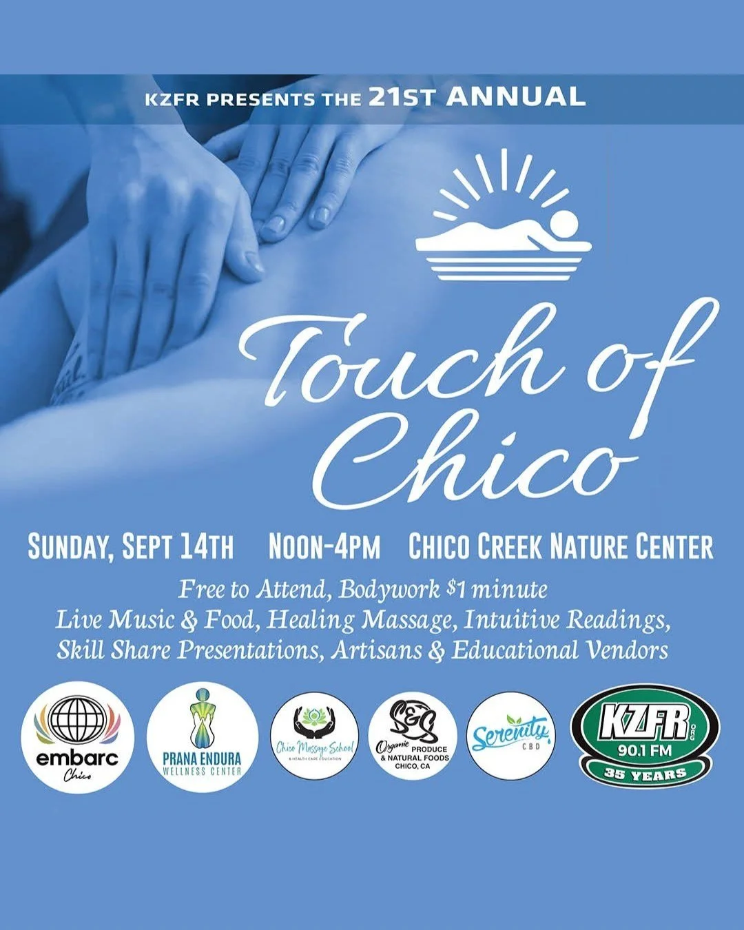 Happy Friday everyone! In need of a massage after a long week? Come to the Chico Creek Nature Center this Sunday, September 14th from 12-4pm for the 21st Annual Touch of Chico. I will be offering $1/minute chair massage alongside other local massage 