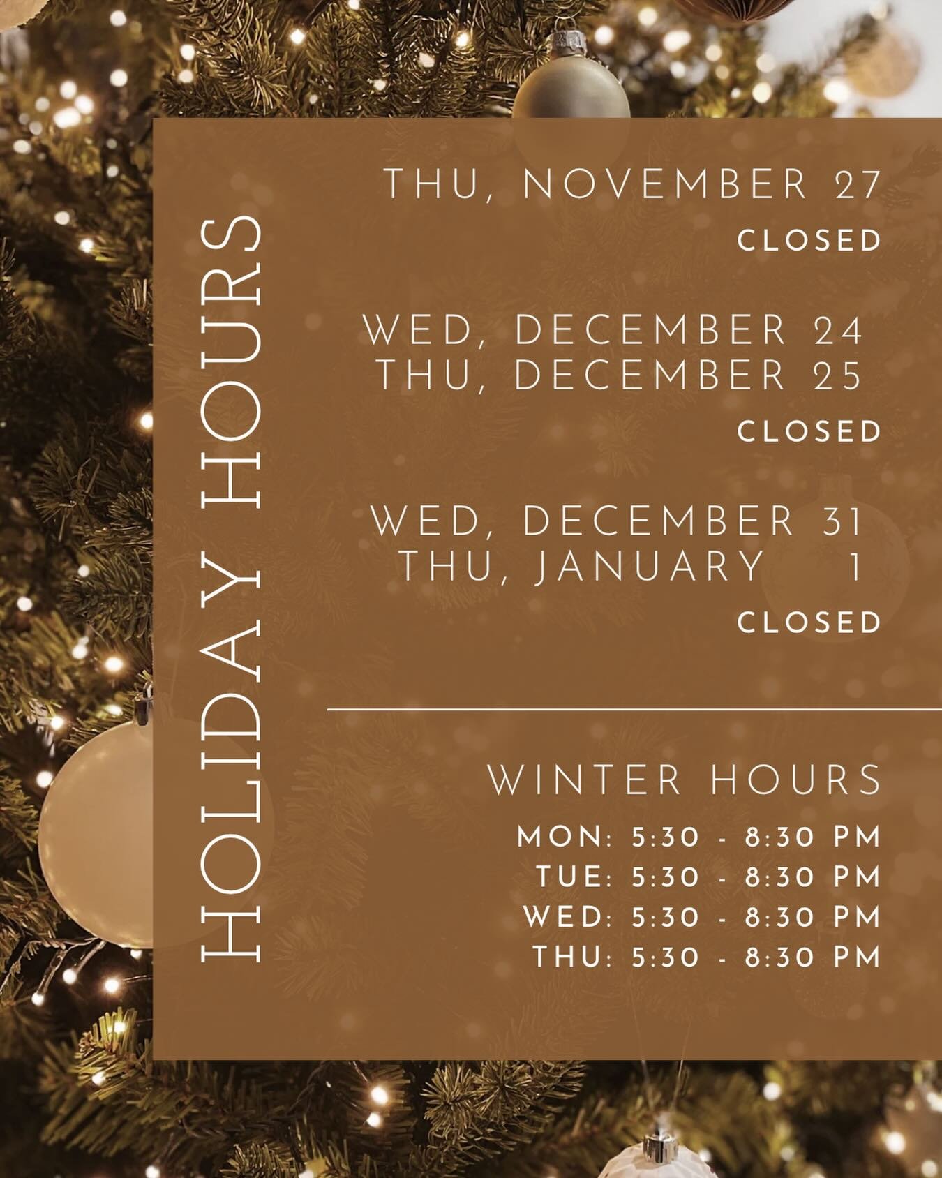 ✨🌲❄️✨🌲❄️✨
Just a quick post to share my holiday closures with you all 🗓️ Other than the handful of days listed above, I&rsquo;m available by appointment during my usual hours! Come in for a visit after your 9-5 for a little self care during this b