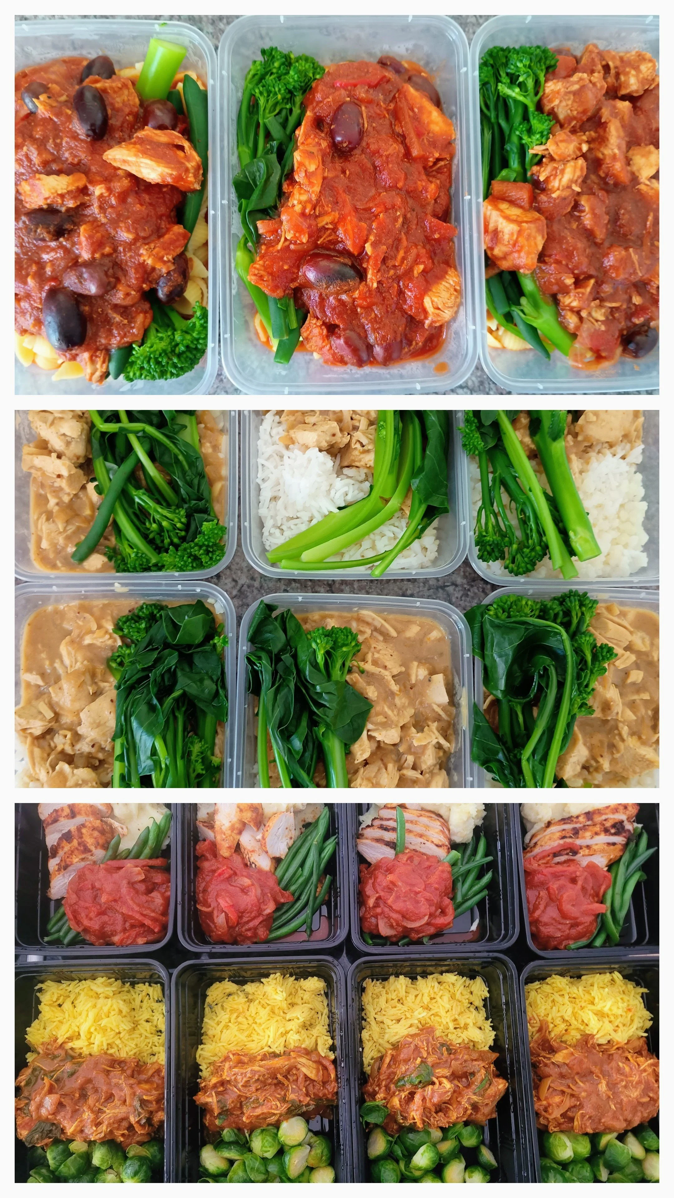 Meal prep containers filled with rice, vegetables, and meat dishes, including chicken with tomato sauce, seasoned chicken, and chicken with gravy, along with Brussels sprouts and broccoli.