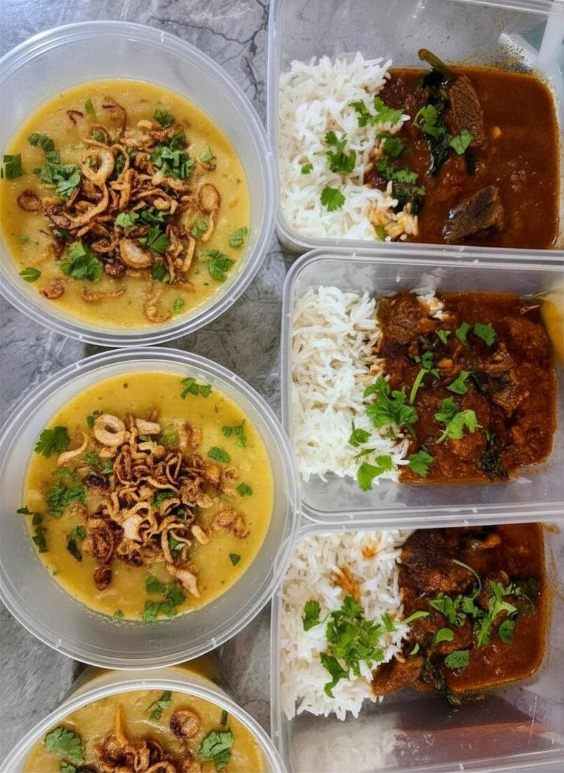 Containers of Indian curry with rice, garnished with cilantro, and bowls of lentil soup topped with fried onions and cilantro.