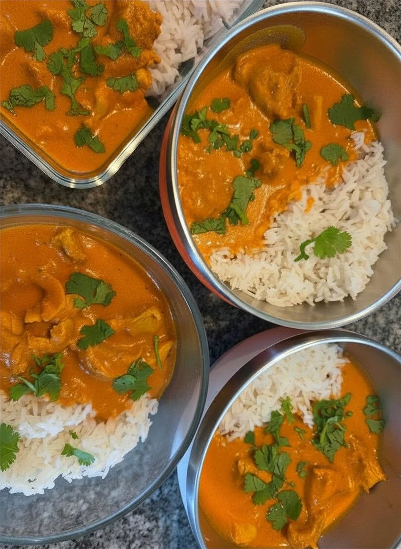 Four bowls of Indian curry with rice, garnished with cilantro