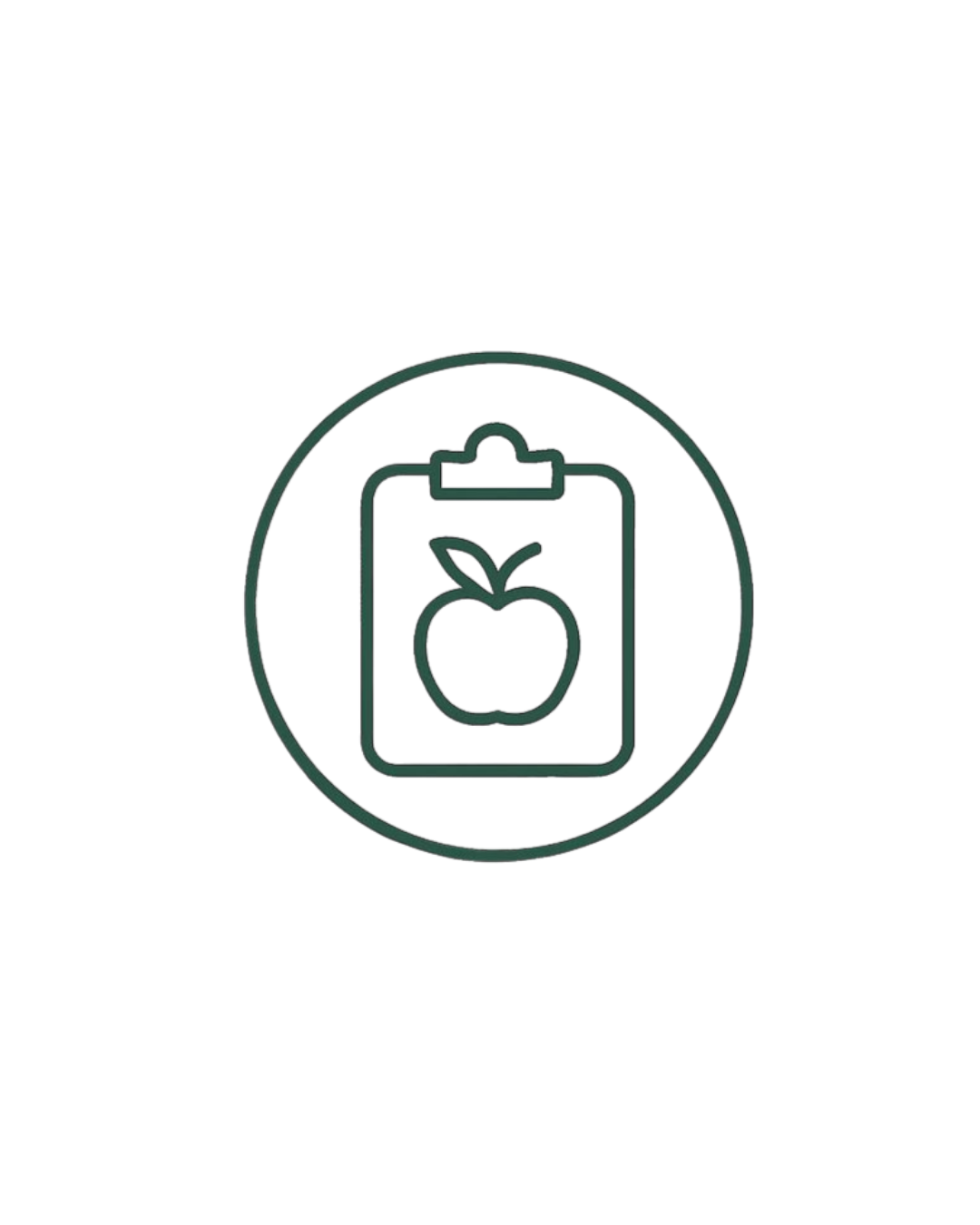 Line drawing of a clipboard with an apple on it, encircled.