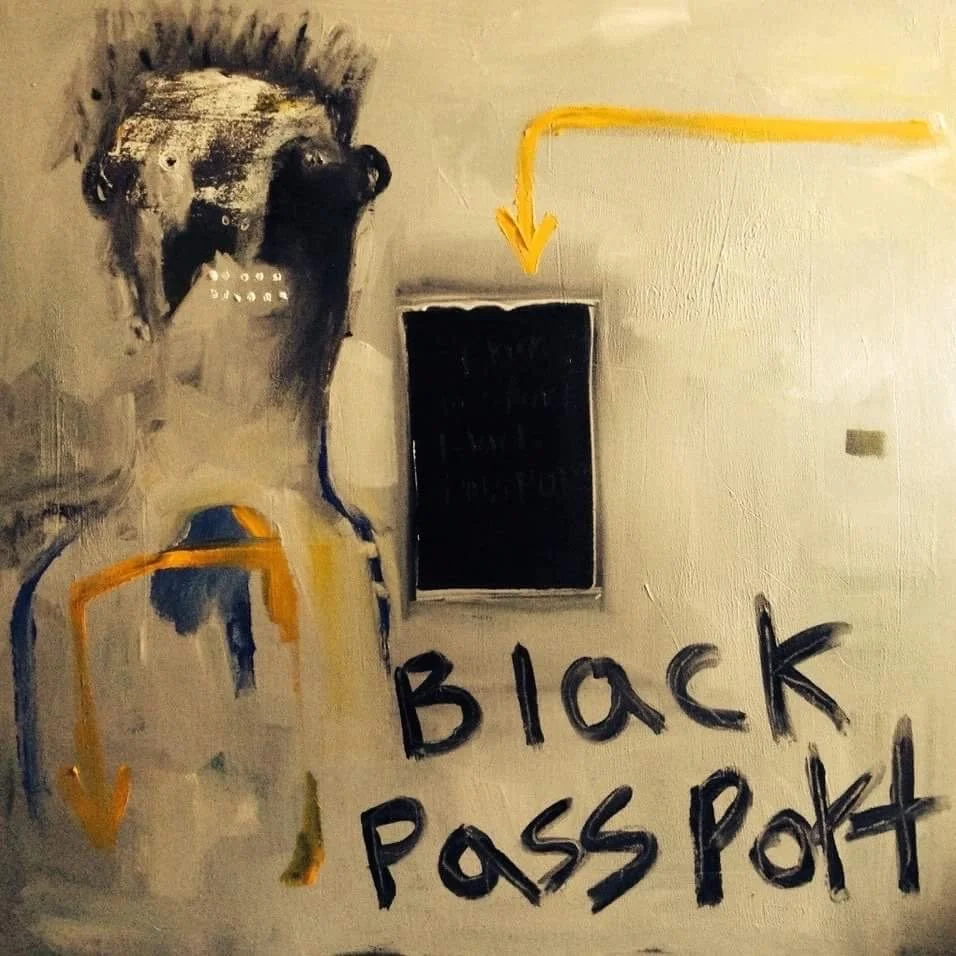 Graffiti art of a person with a mohawk, with an arrow pointing to a black square, and the words "Black Passport" written below.