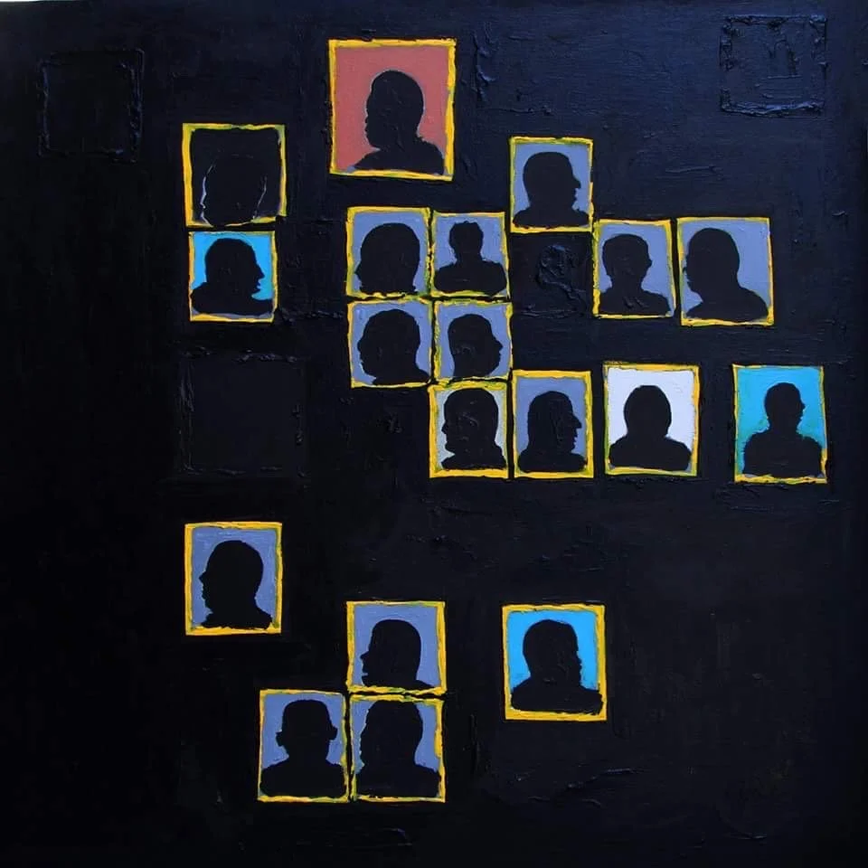A dark wall with silhouettes of people in picture frames, some with colorful backgrounds and yellow borders, arranged in a collage style.