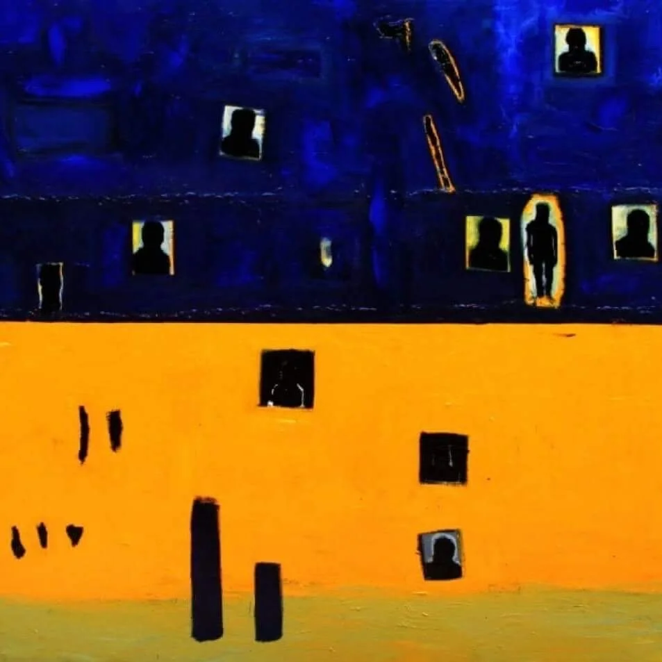 Abstract painting with silhouettes of people in framed windows on a dark blue upper section and a solid yellow lower section.