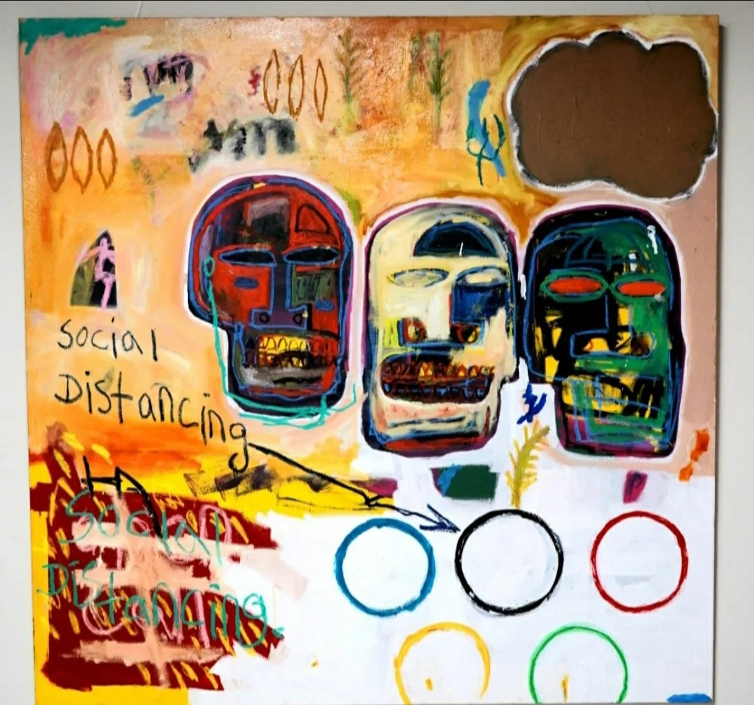 Abstract colorful artwork featuring three skull-like faces with exaggerated features, outlined in bright colors, against a vibrant background with various scribbles, symbols, and the phrase 'social distancing' written on the left side, and multiple empty colored circles at the bottom.