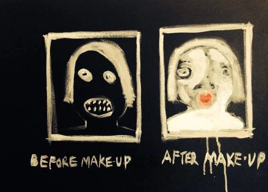 A black and white painting showing a face with exaggerated features, with the left side labeled "Before Make-up" depicting a scary face with dark eyes, sharp teeth, and a rectangular outline, and the right side labeled "After Make-up" showing a more cheerful face with big eyes, red lips, and a rounded outline.