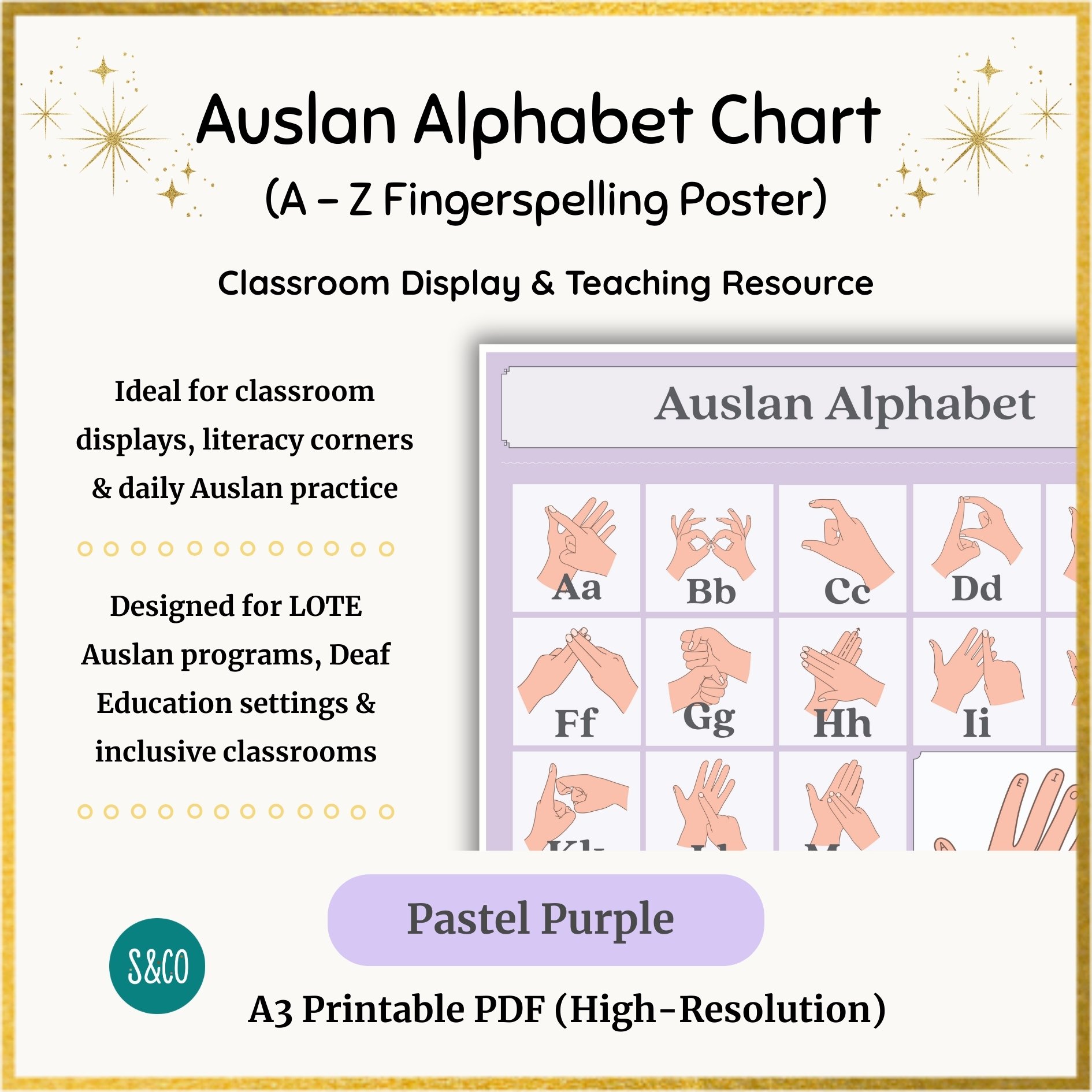 Auslan Alphabet Poster Printable (A3) | Pastel Purple