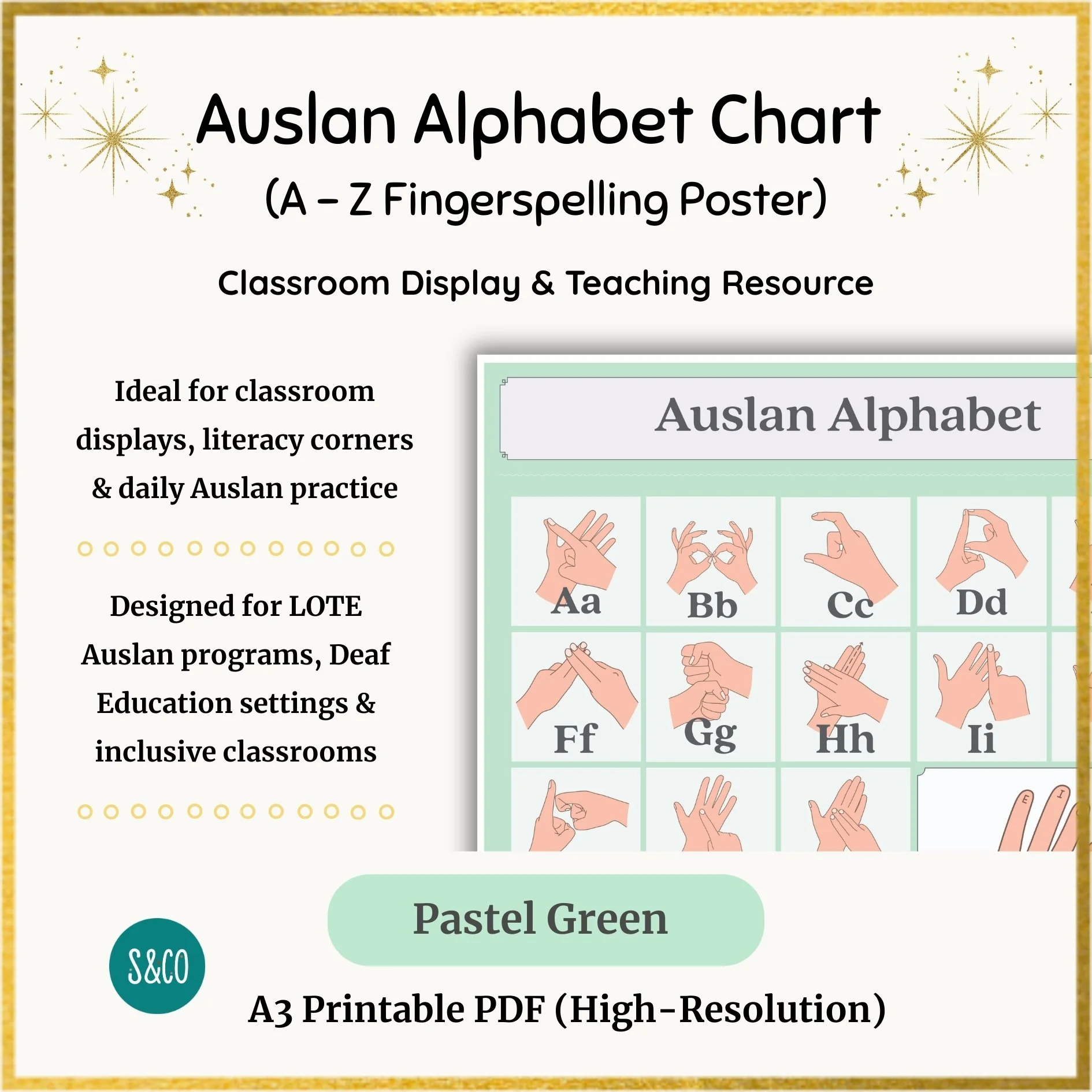 Auslan Alphabet Poster Printable (A3) | Pastel Green